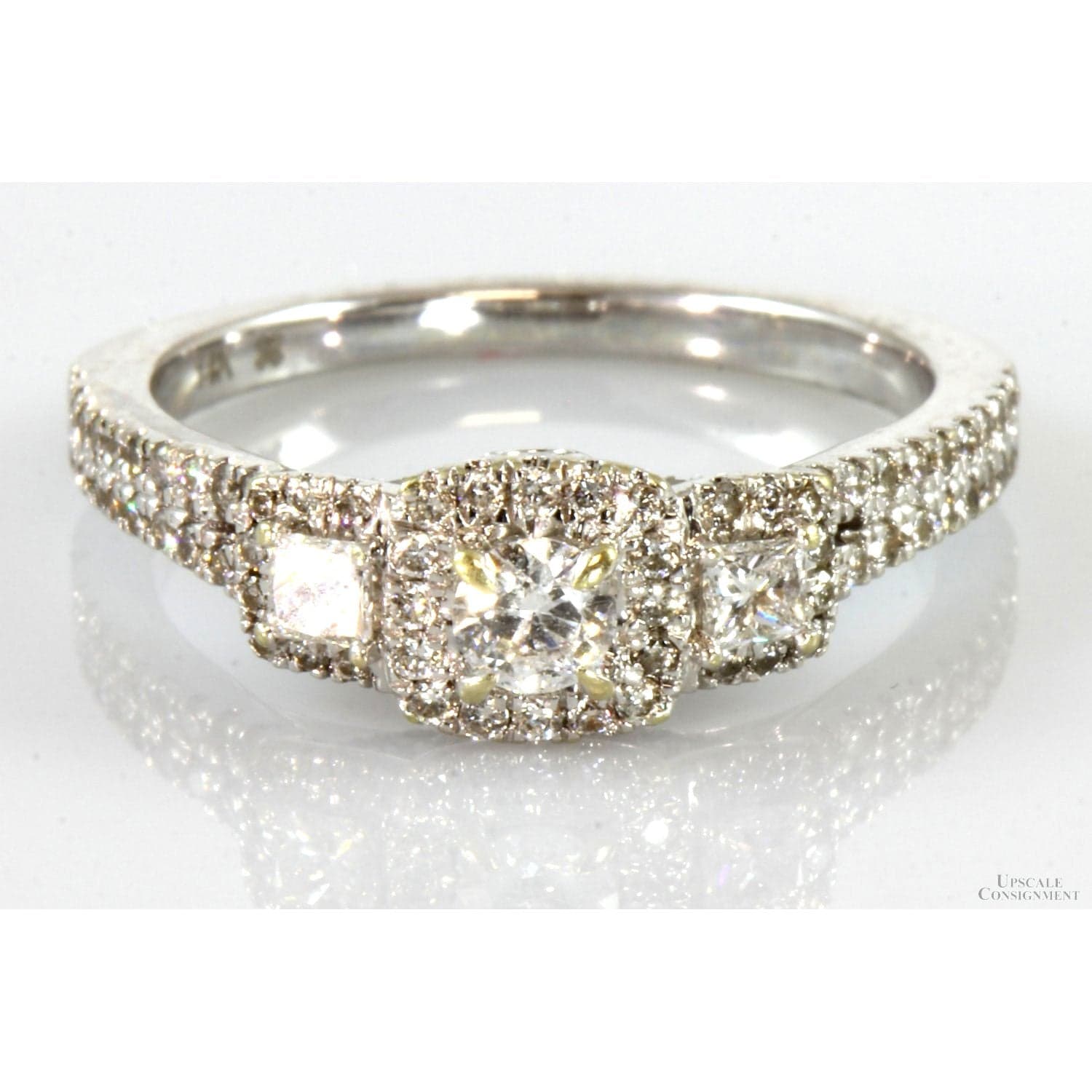 14K White Gold .75ctw Three-Stone Diamond Halo Engagement Ring - Size 6.75 - Thumbnail 2