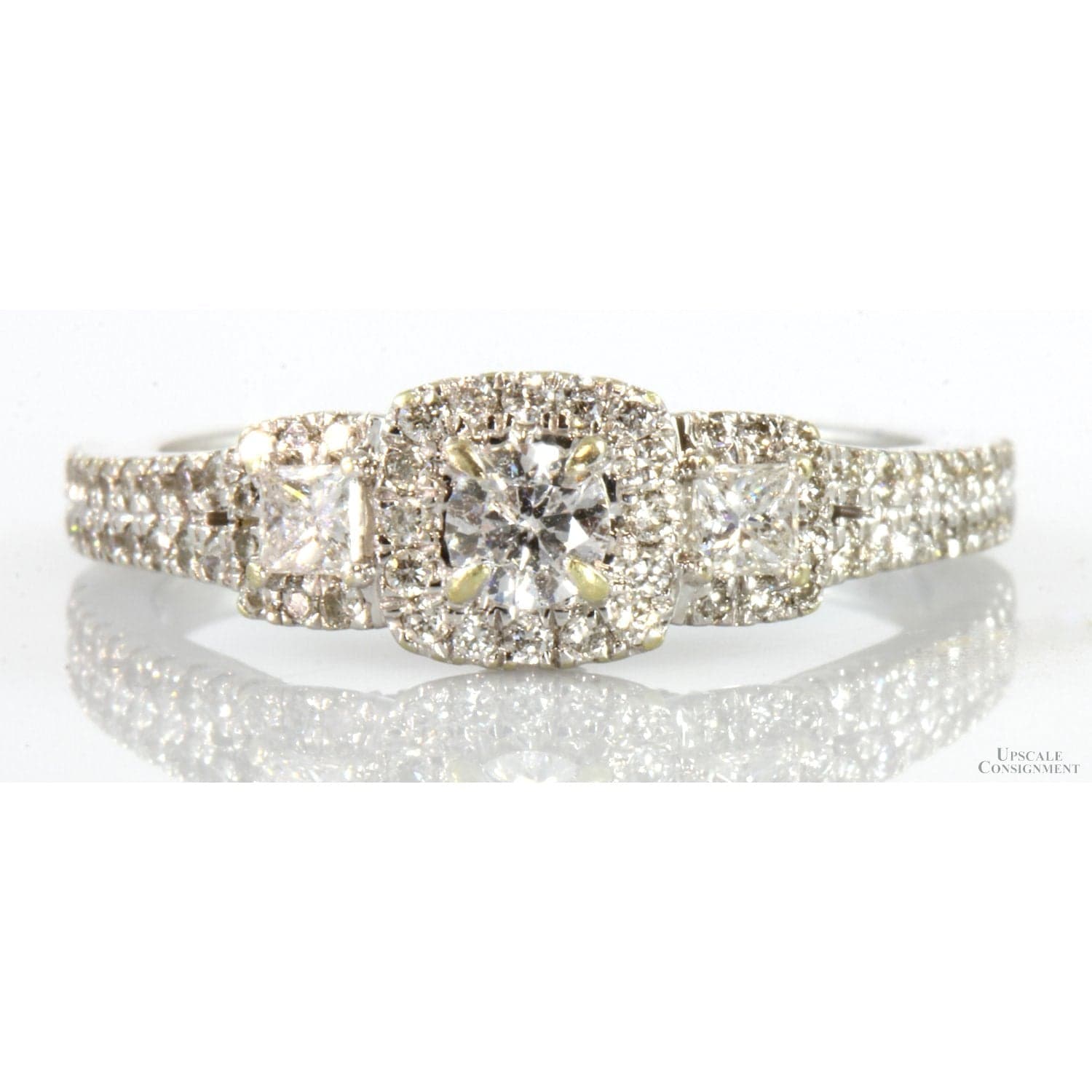 14K White Gold .75ctw Three-Stone Diamond Halo Engagement Ring - Size 6.75 - Image 1