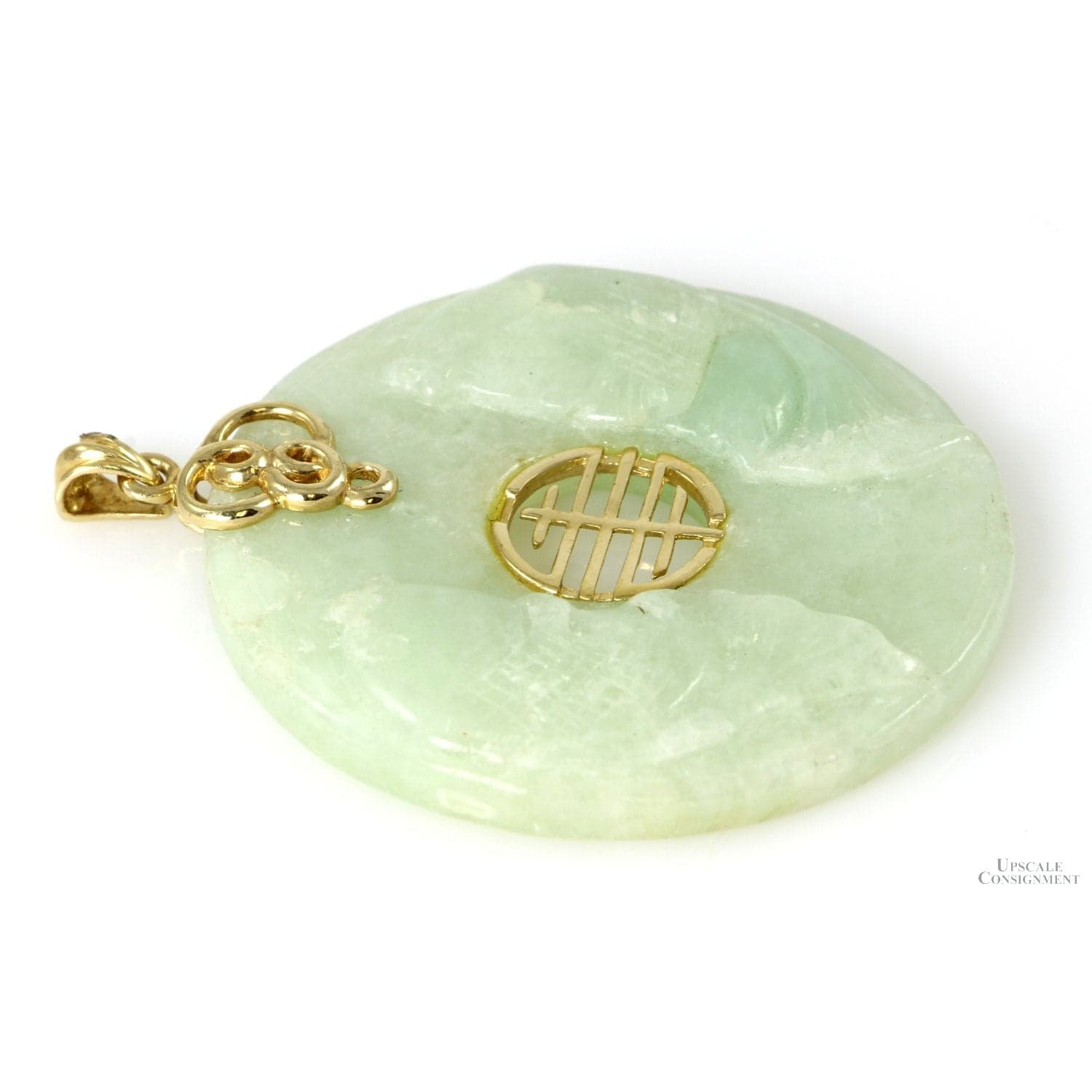 Round Icy Green Jadeite 14K Yellow Gold Donut Pendant - 1.75" - Thumbnail 2