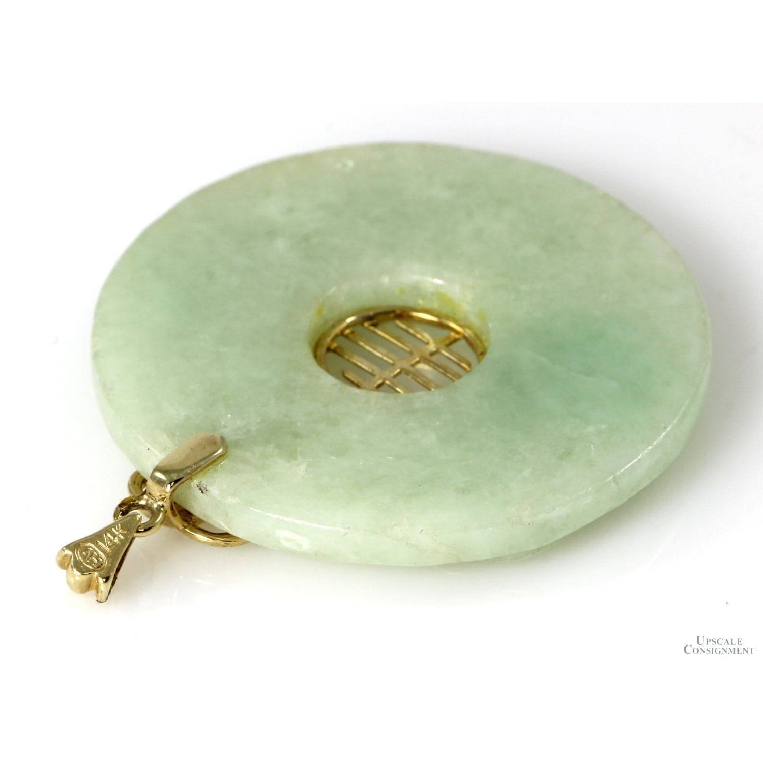 Round Icy Green Jadeite 14K Yellow Gold Donut Pendant - 1.75" - Thumbnail 4