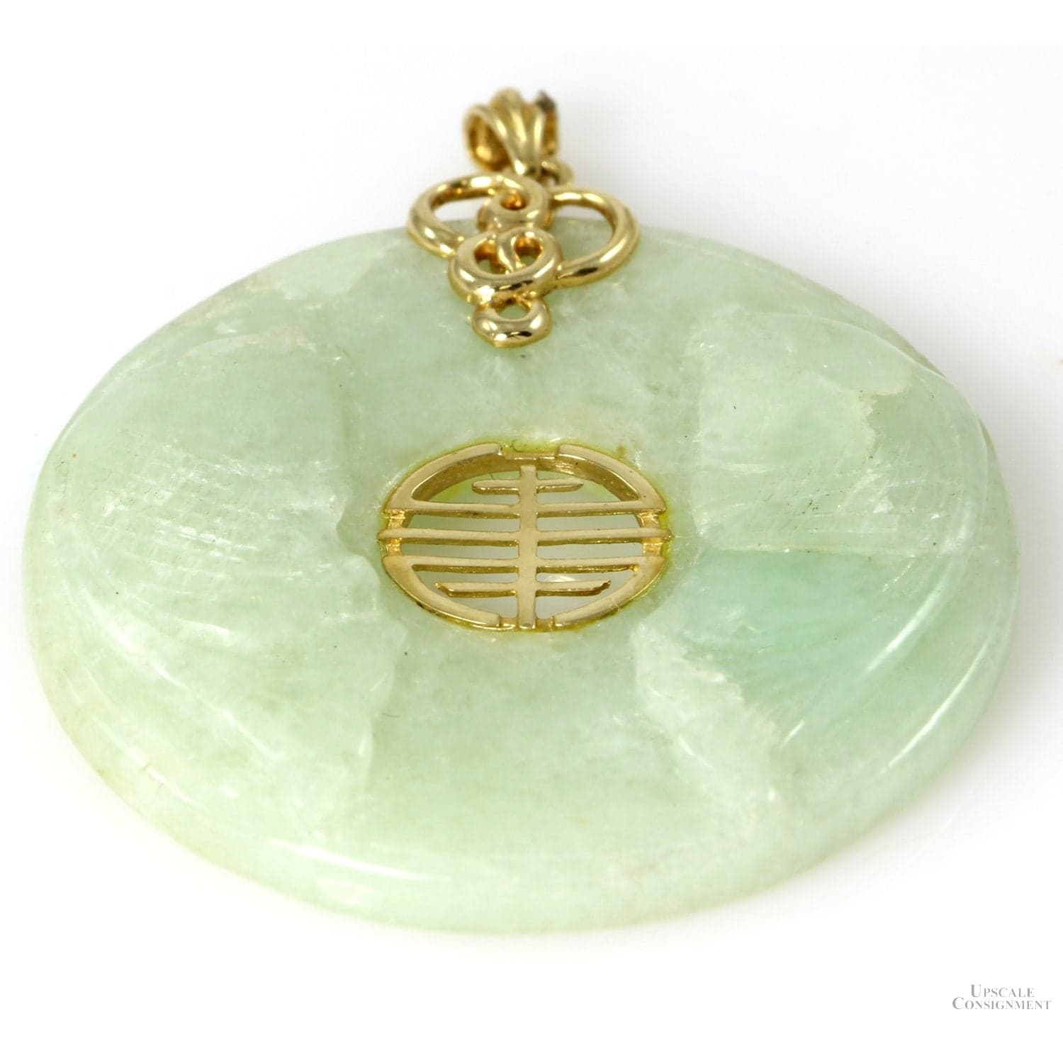 Round Icy Green Jadeite 14K Yellow Gold Donut Pendant - 1.75" - Image 1
