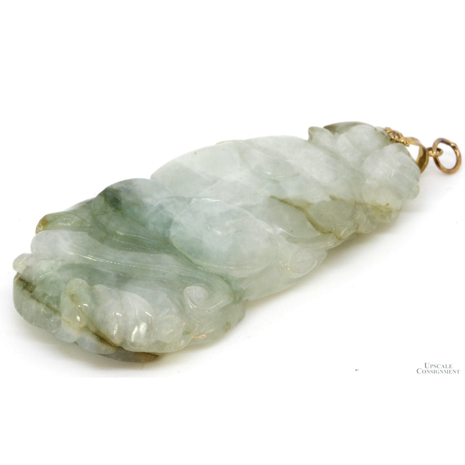 Carved Green & White Nephrite Jade Pendant - Gold Plate Bail - 3.125" - Image 1
