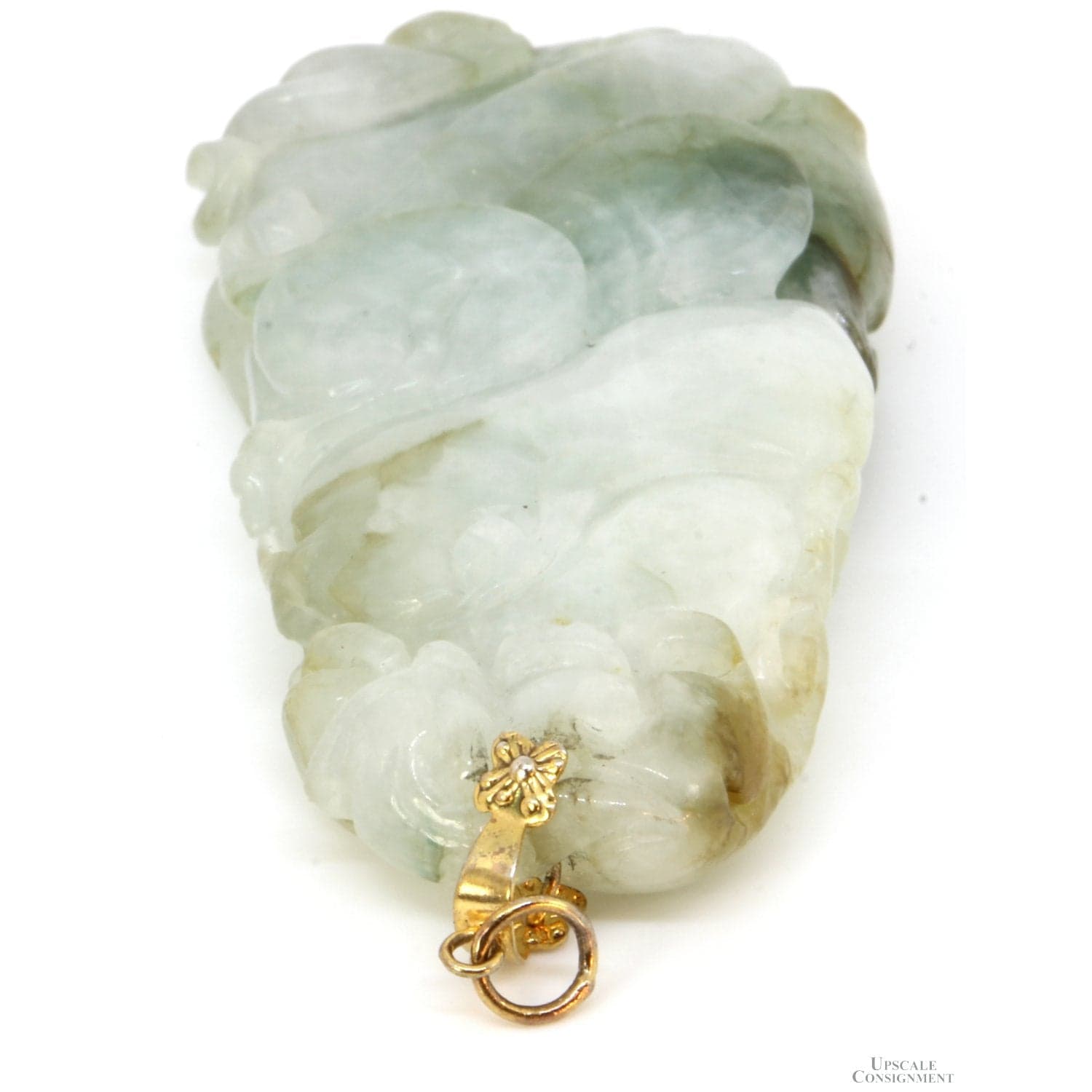 Carved Green & White Nephrite Jade Pendant - Gold Plate Bail - 3.125" - Thumbnail 2