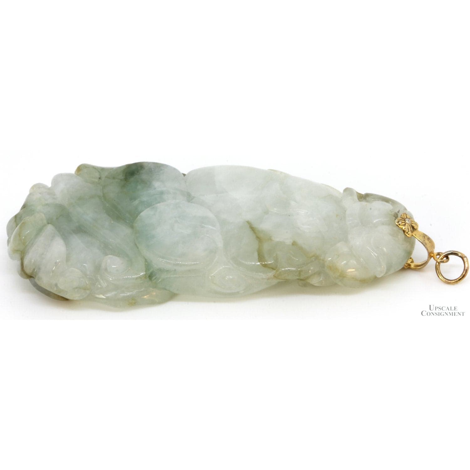 Carved Green & White Nephrite Jade Pendant - Gold Plate Bail - 3.125" - Thumbnail 4