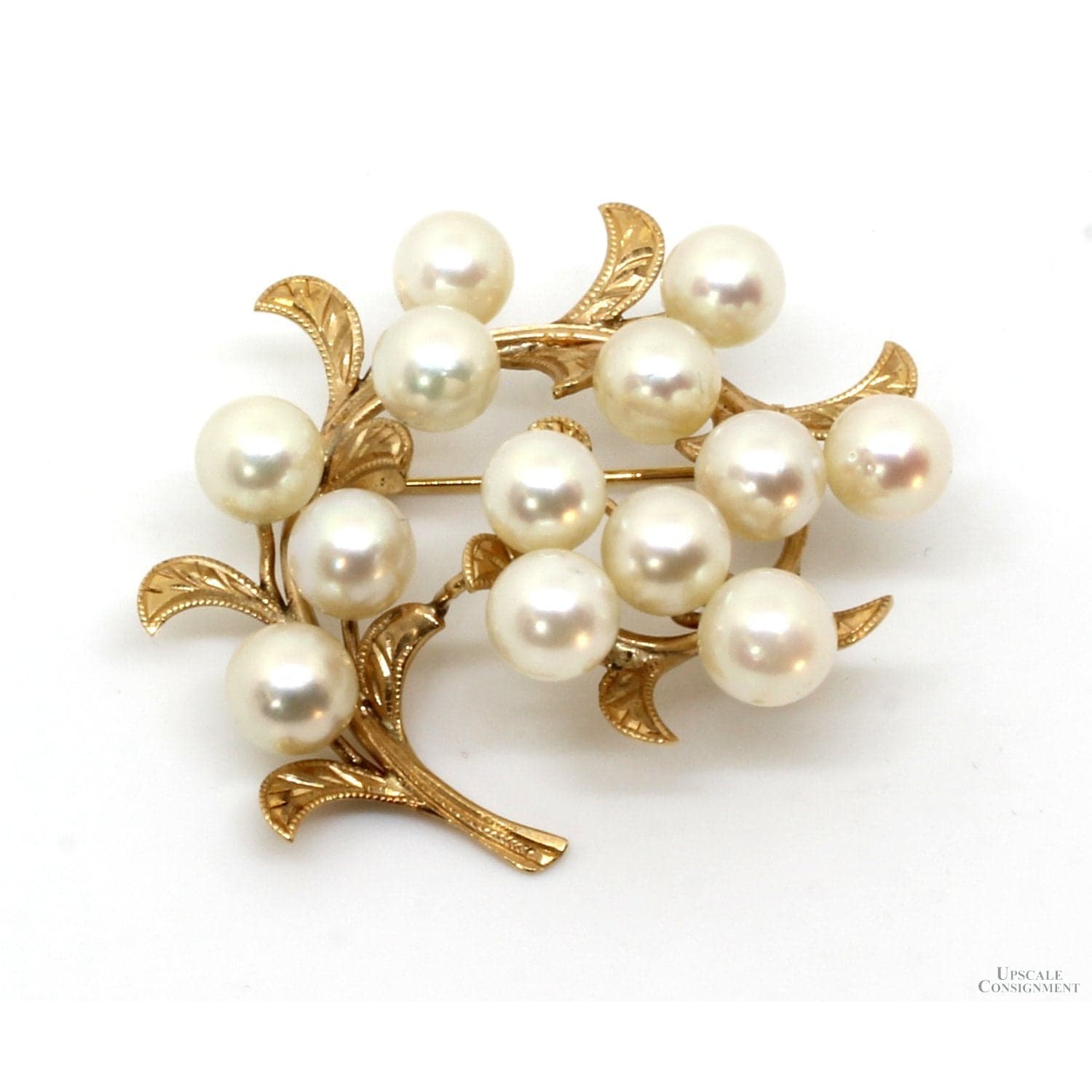 14K Yellow Gold Akoya Pearl Botanical Design Brooch - 1.5 in - Image 1