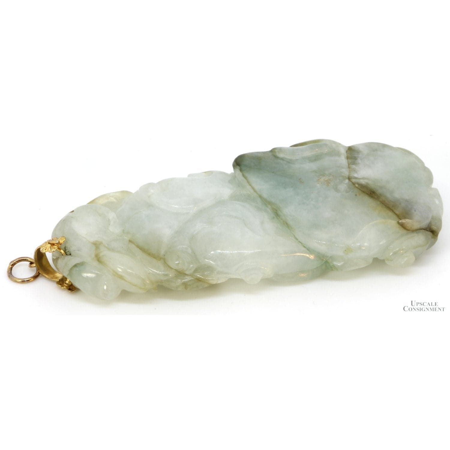 Carved Green & White Nephrite Jade Pendant - Gold Plate Bail - 3.125" - Thumbnail 5