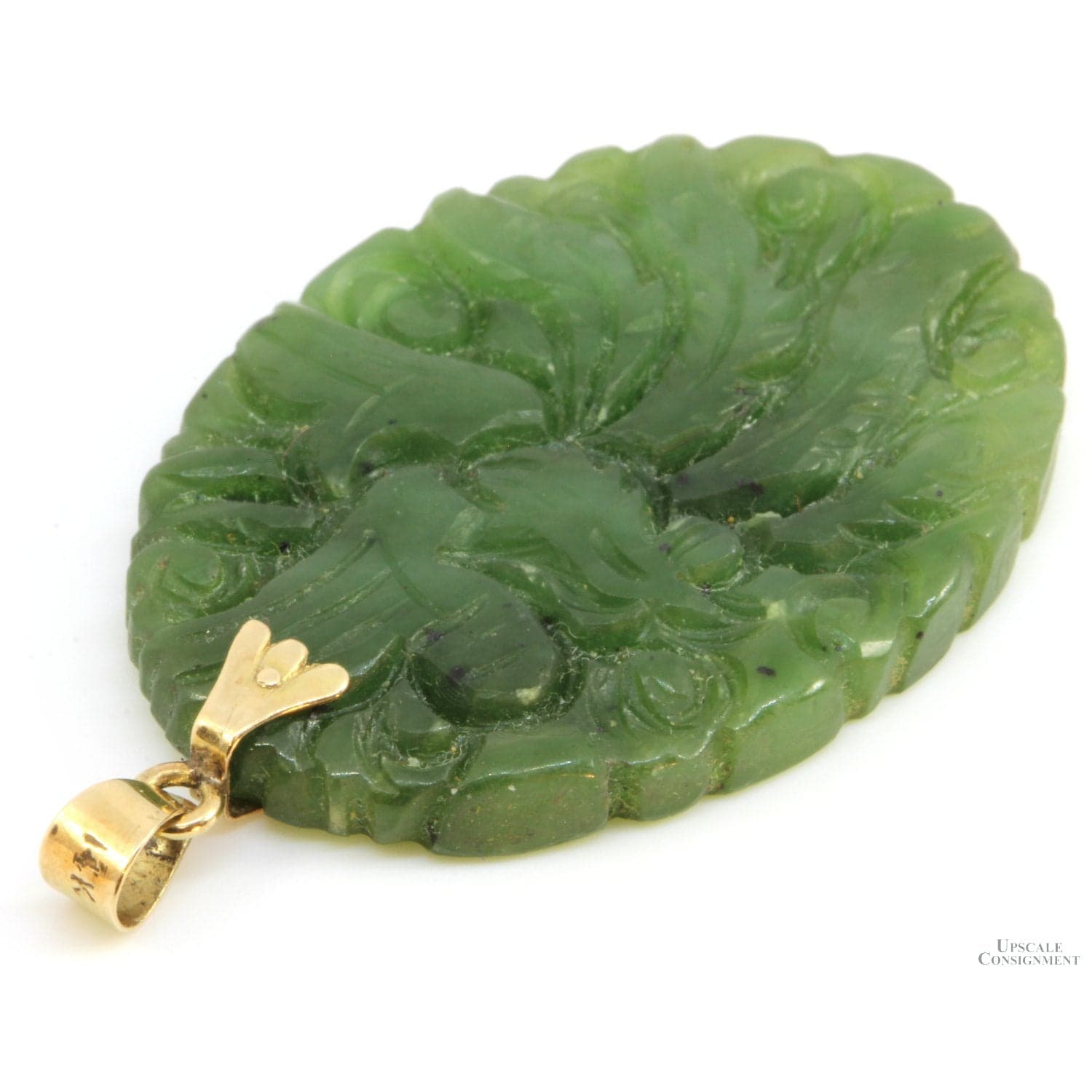 14K Gold Green Jadeite Jade Carved Bird Pendant - 2-1/8"L - Thumbnail 3