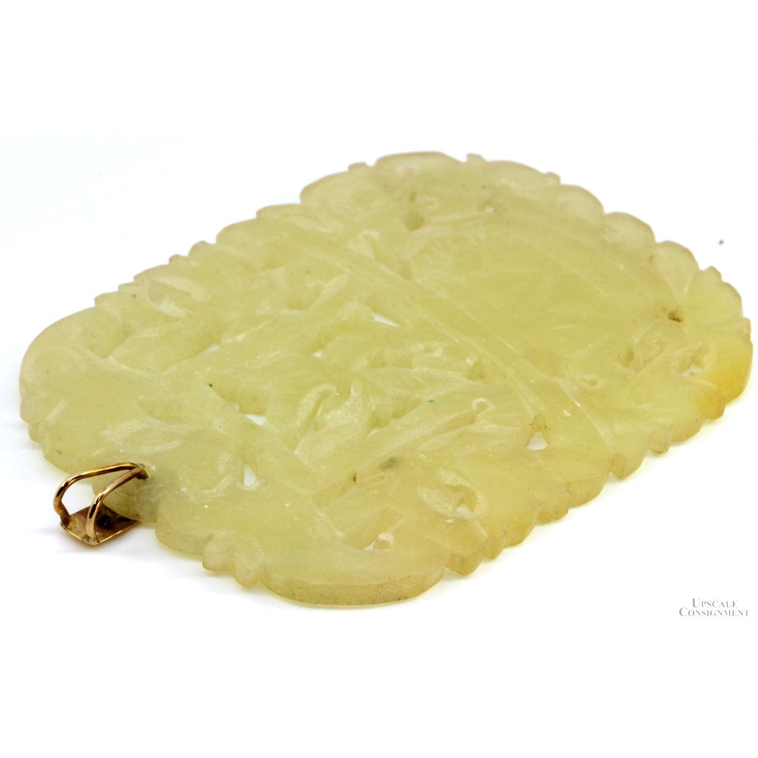 14K Gold Light Green Nephrite Jade Carved Flower Pendant - 3" - Thumbnail 3