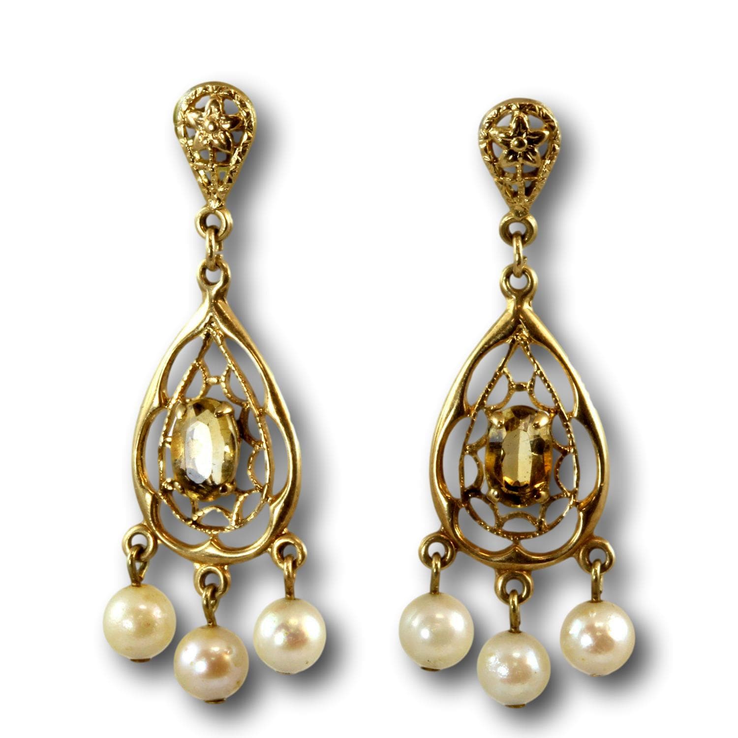 14K Gold Filigree Pearl & Citrine Chandelier Dangle Earrings - 1.25 in - Image 1