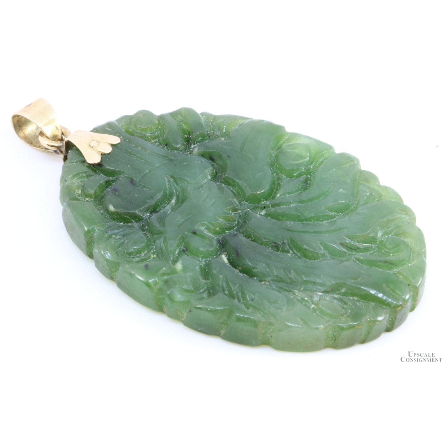 14K Gold Green Jadeite Jade Carved Bird Pendant - 2-1/8"L - Thumbnail 2