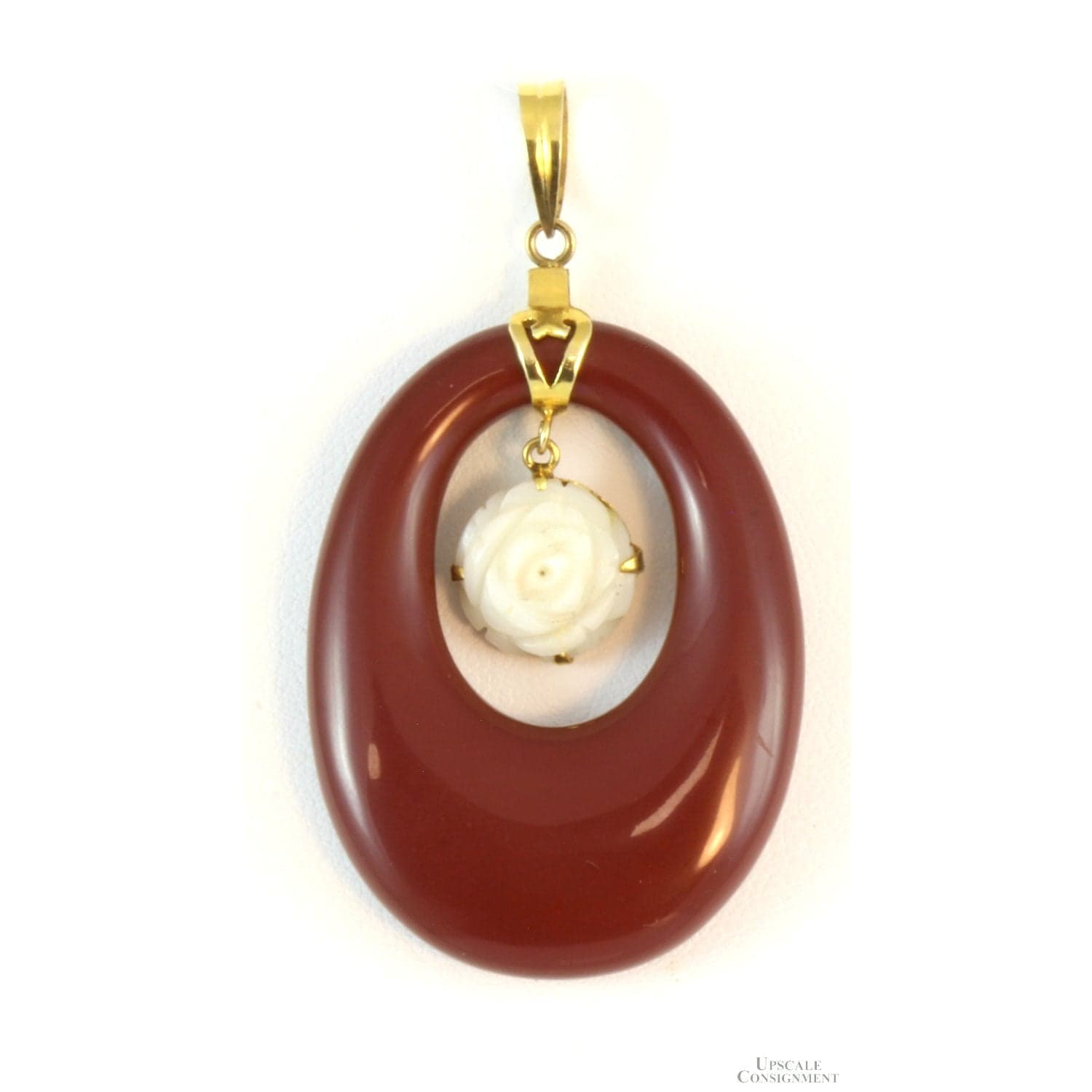 14K Gold Red Jasper Dangling Carved Coral Flower Pendant - 2-1/8"L - Image 1
