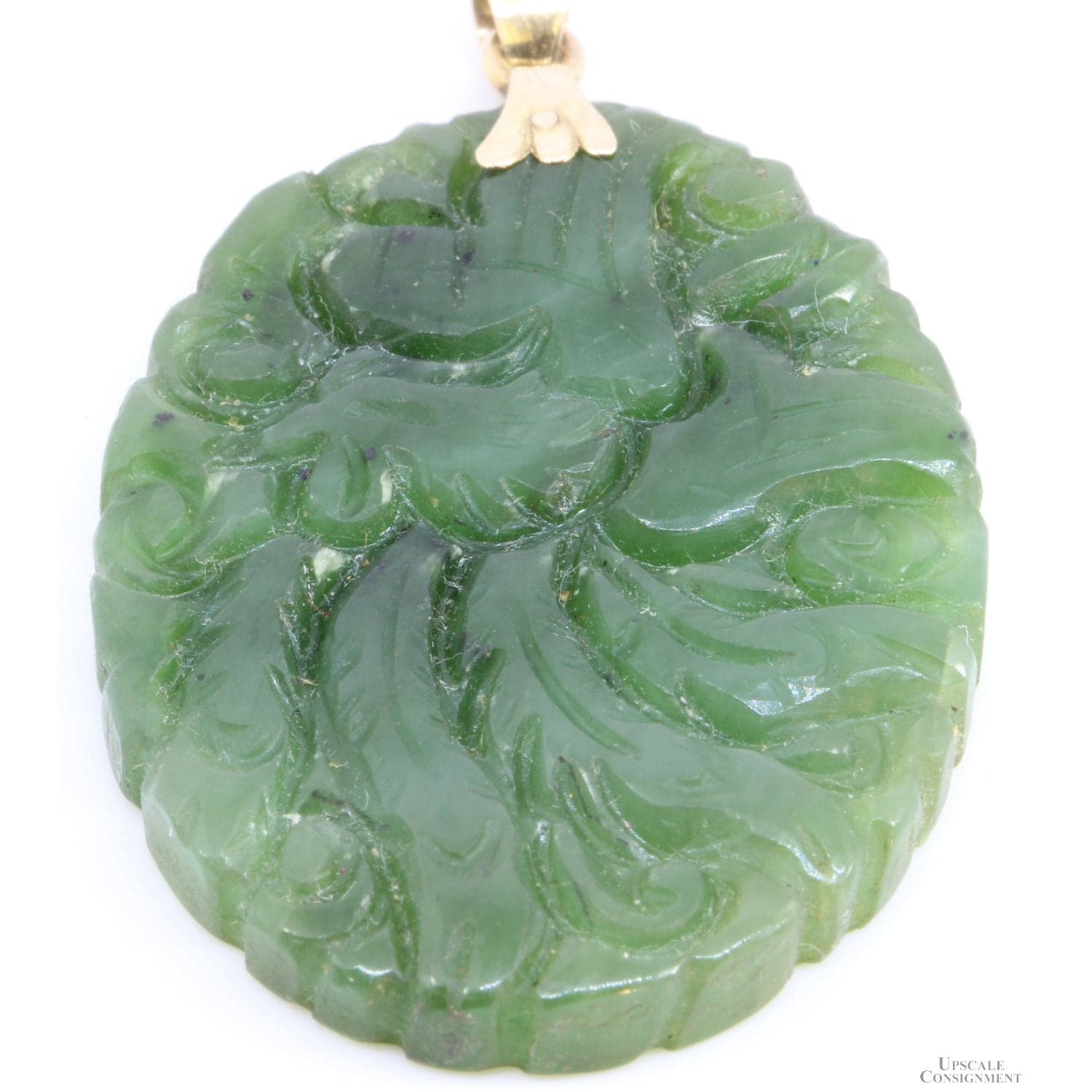 14K Gold Green Jadeite Jade Carved Bird Pendant - 2-1/8"L - Image 1