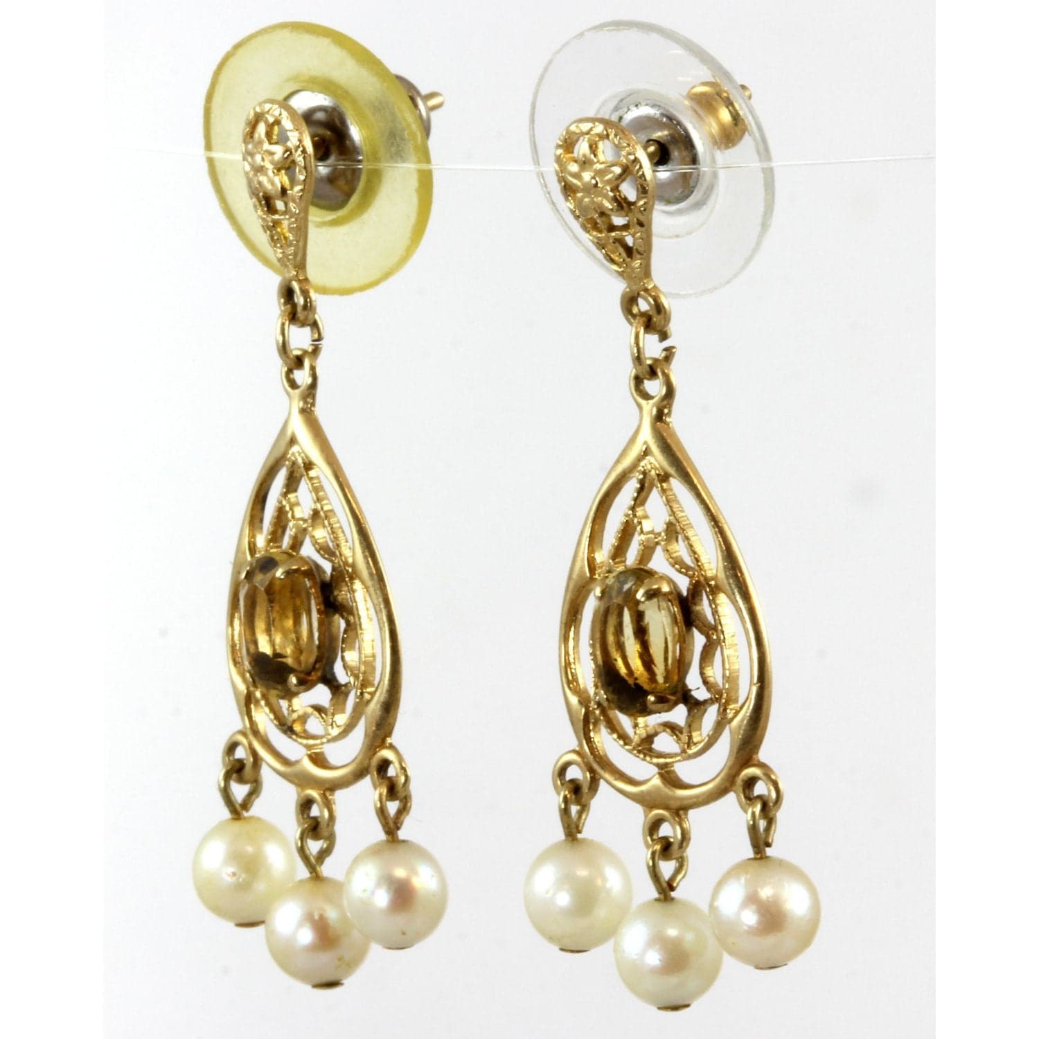 14K Gold Filigree Pearl & Citrine Chandelier Dangle Earrings - 1.25 in - Thumbnail 2