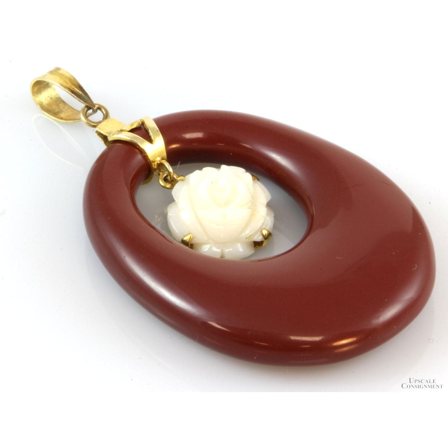 14K Gold Red Jasper Dangling Carved Coral Flower Pendant - 2-1/8"L - Thumbnail 2