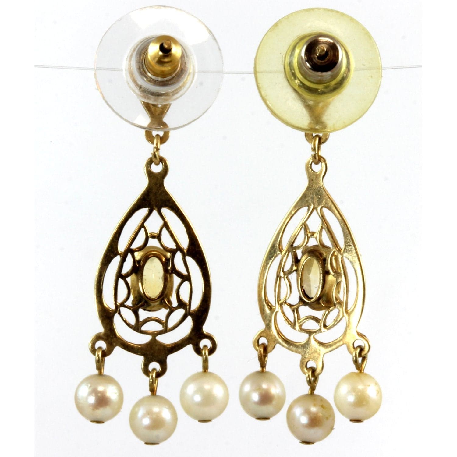 14K Gold Filigree Pearl & Citrine Chandelier Dangle Earrings - 1.25 in - Thumbnail 3