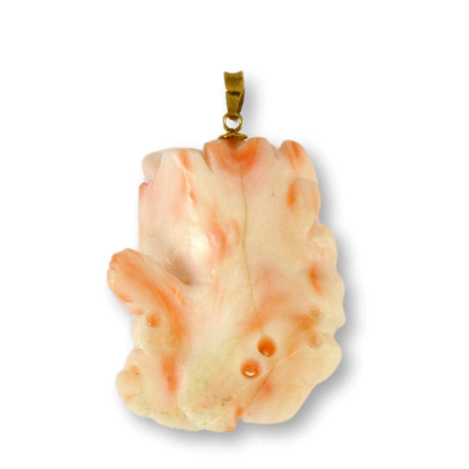14K Gold Carved Natural Angel Skin Coral Flower Pendant - 1-5/8" - Thumbnail 3