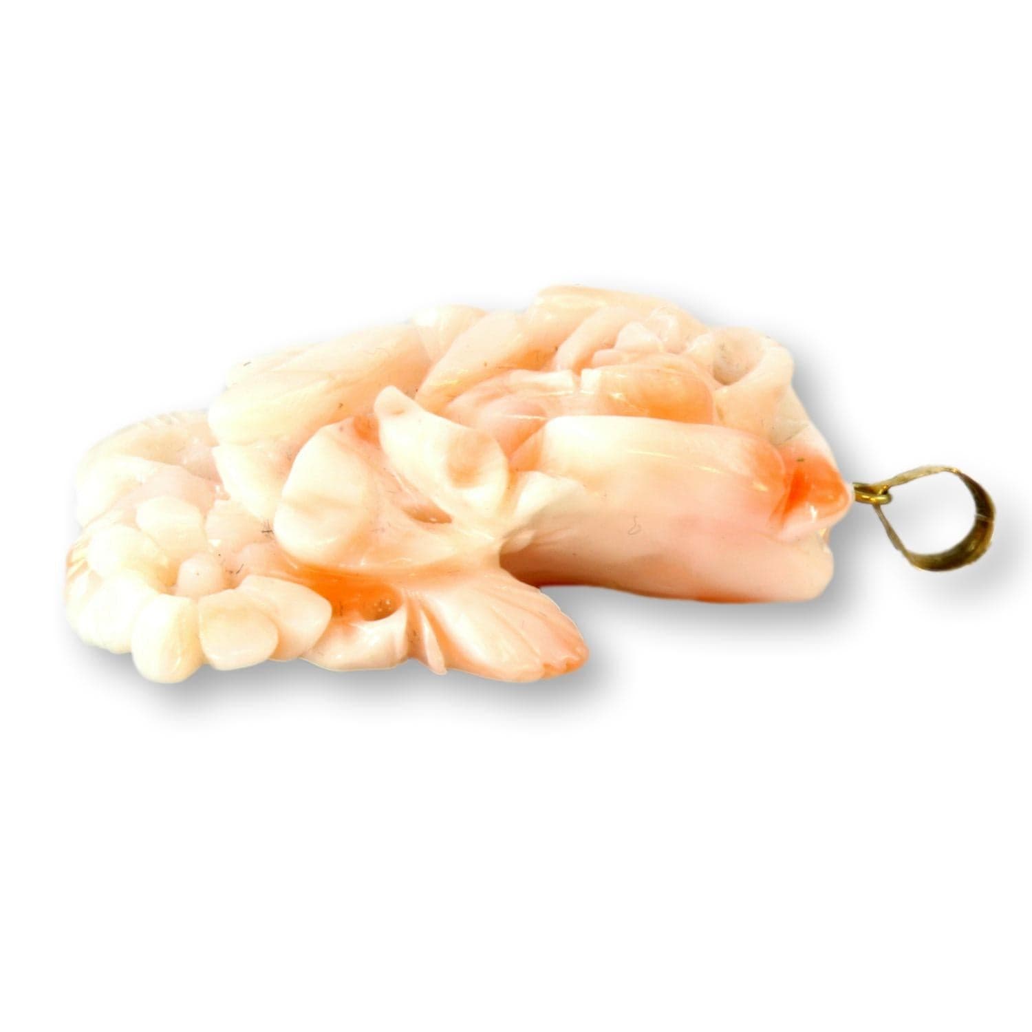 14K Gold Carved Natural Angel Skin Coral Flower Pendant - 1-5/8" - Thumbnail 2