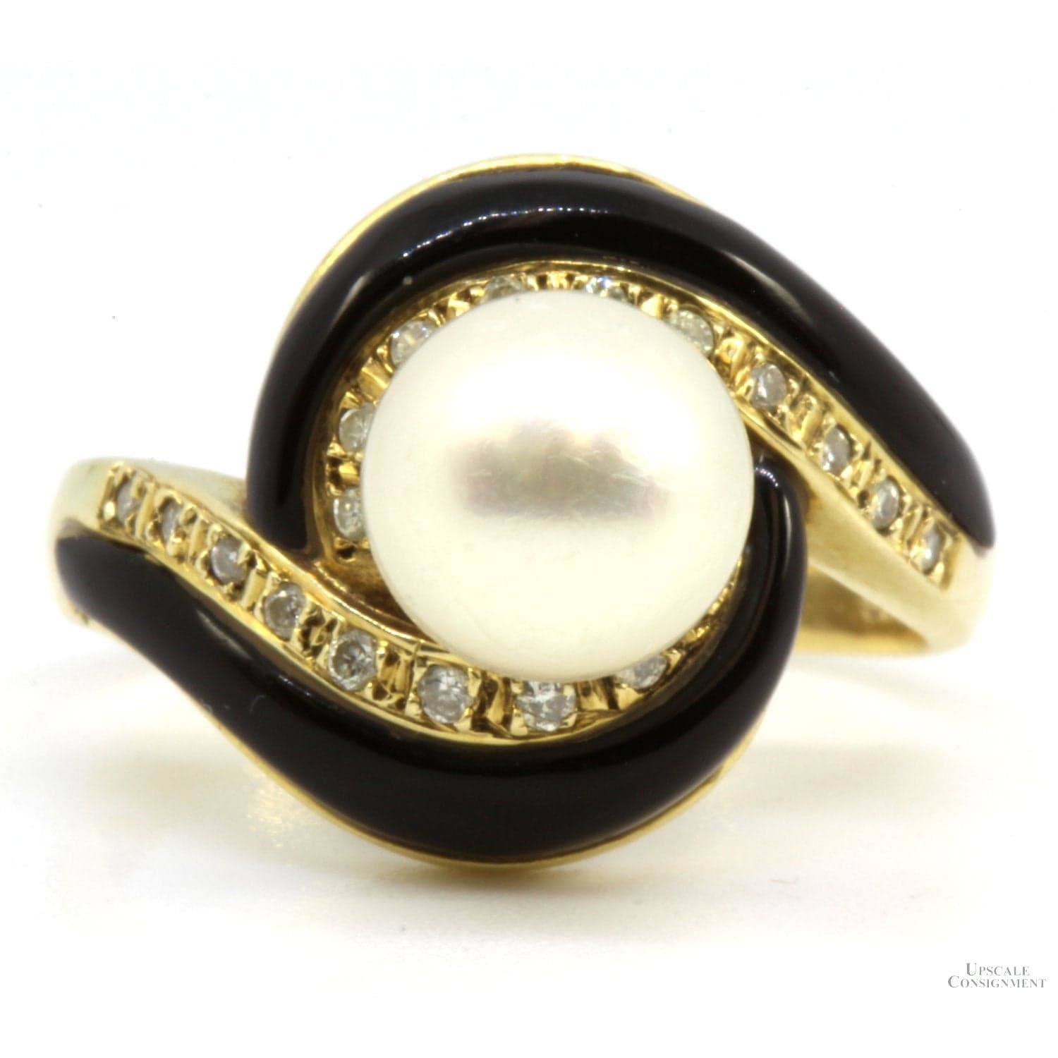 14K Yellow Gold 8mm Pearl, .15ctwDiamond Black Onyx Ring - Size 6 - Thumbnail 2