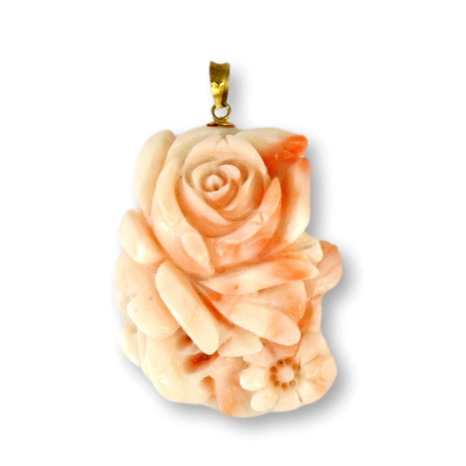 14K Gold Carved Natural Angel Skin Coral Flower Pendant - 1-5/8" - Image 1