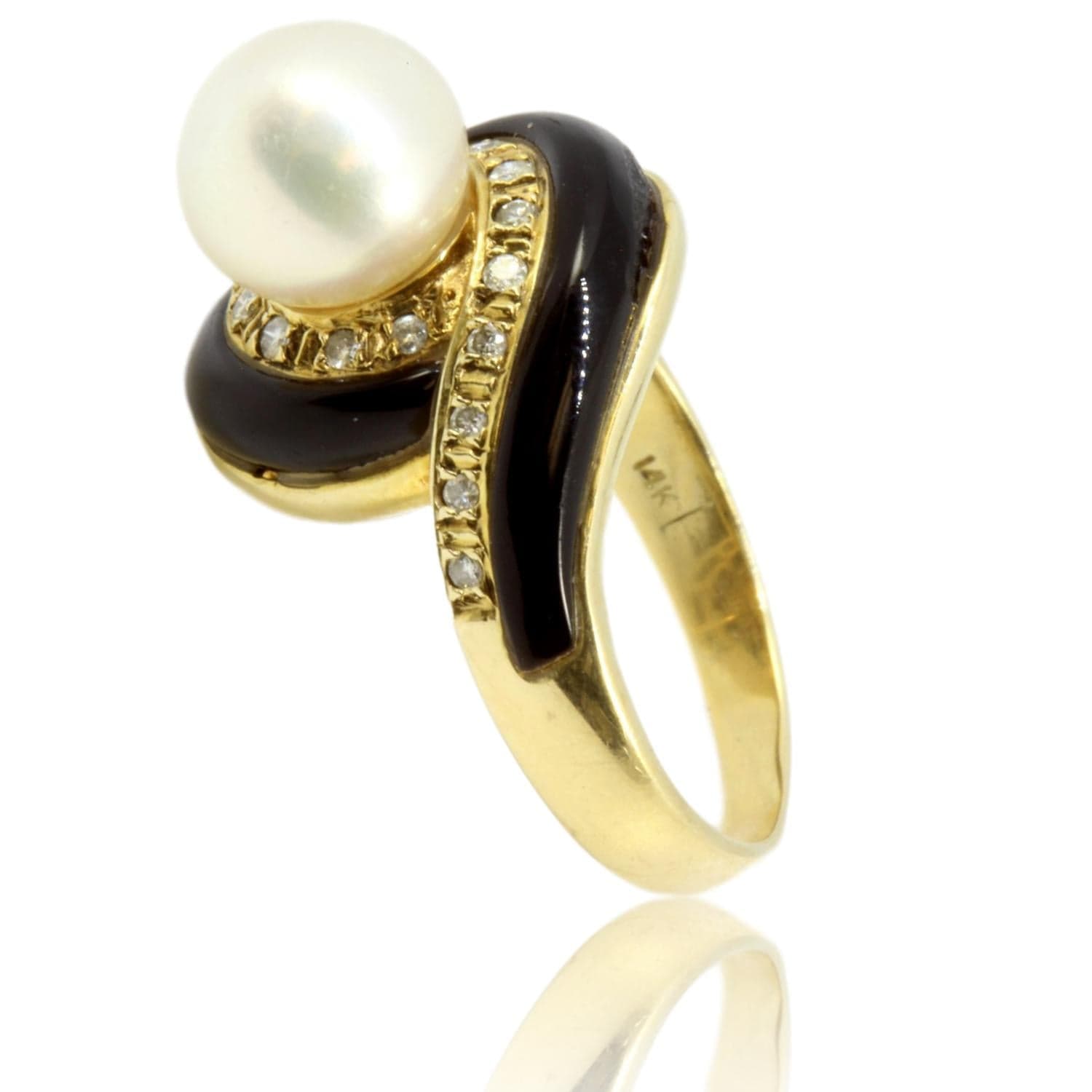 14K Yellow Gold 8mm Pearl, .15ctwDiamond Black Onyx Ring - Size 6 - Image 1