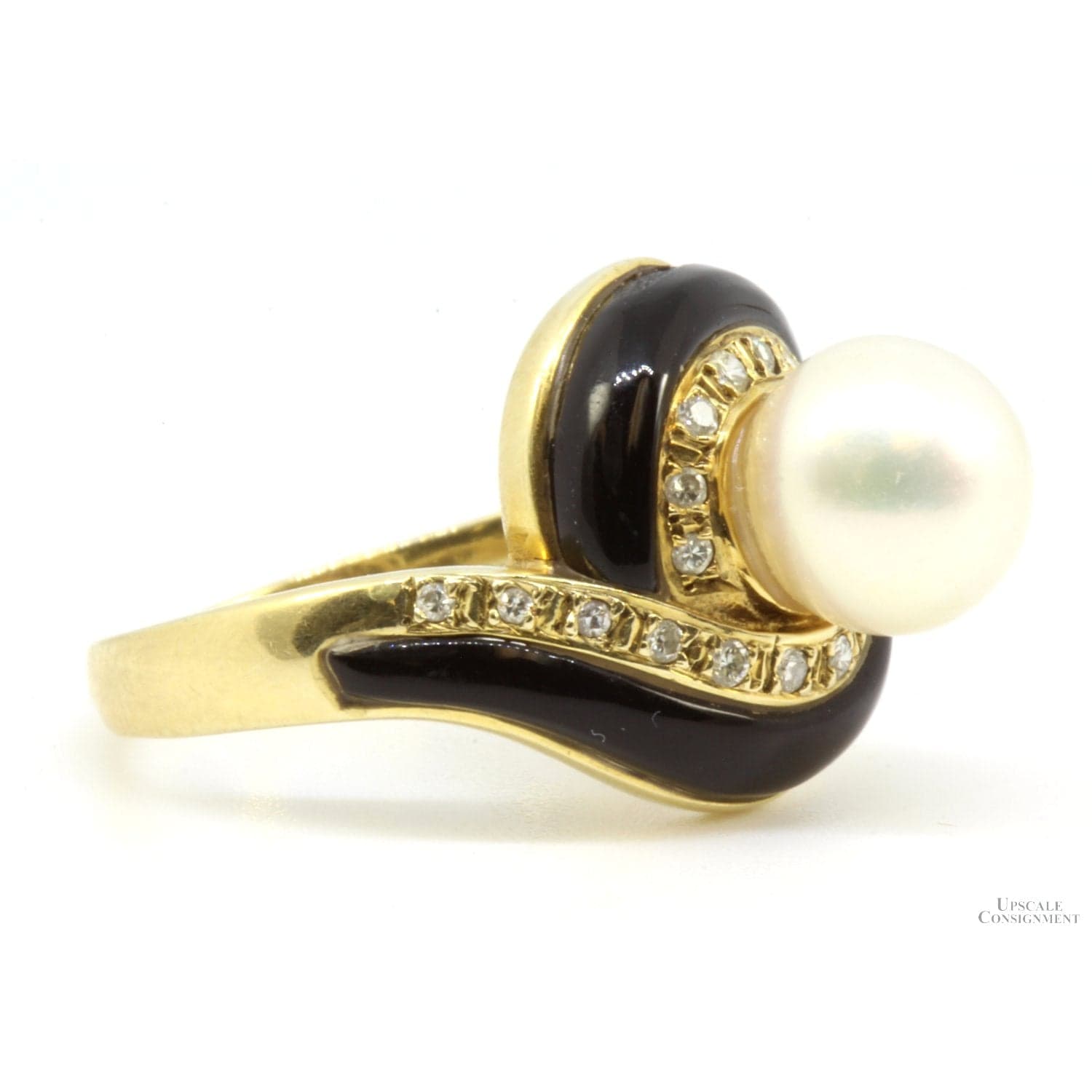 14K Yellow Gold 8mm Pearl, .15ctwDiamond Black Onyx Ring - Size 6 - Thumbnail 3