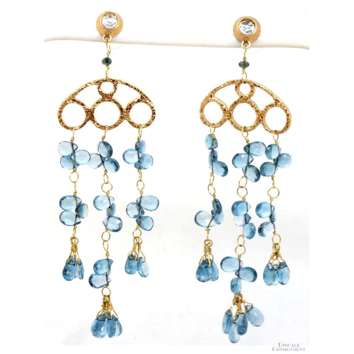 14K Hammered Gold Etruscan 46ctw Blue Topaz Earrings - 3.5" x 1.125" - Image 1