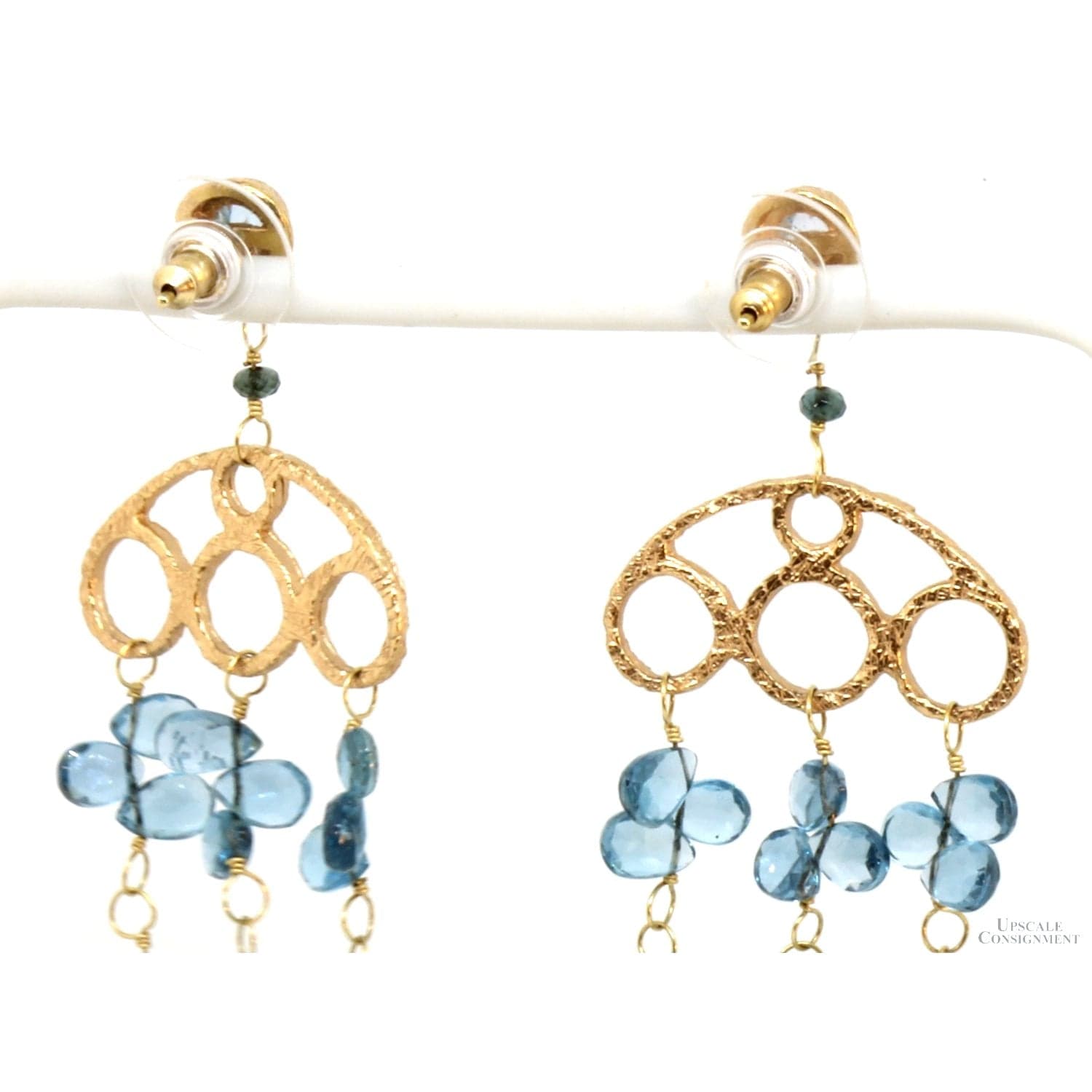 14K Hammered Gold Etruscan 46ctw Blue Topaz Earrings - 3.5" x 1.125" - Thumbnail 3