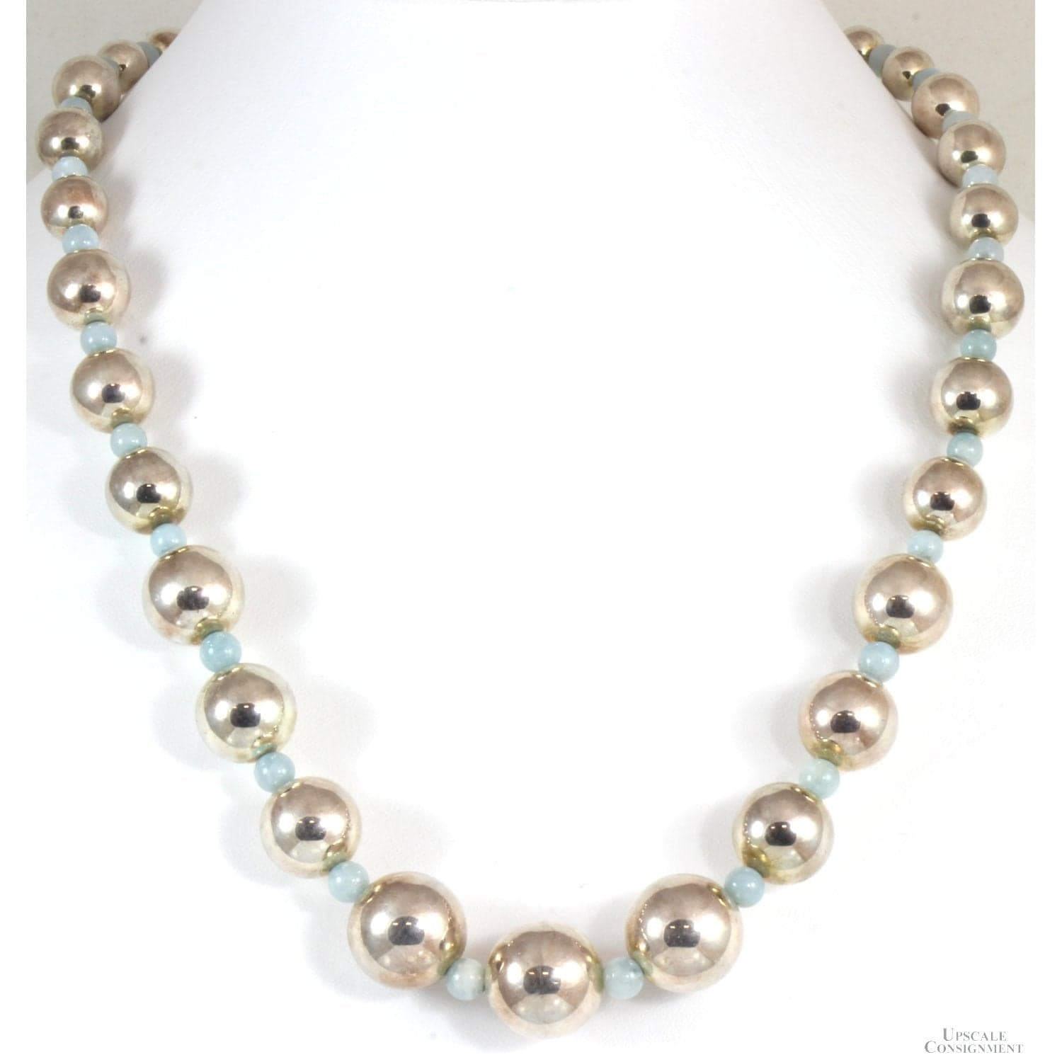 Sterling Silver over Resin Graduated Bead Strand w/Blue Spacer Beads - 20 in - Image 1