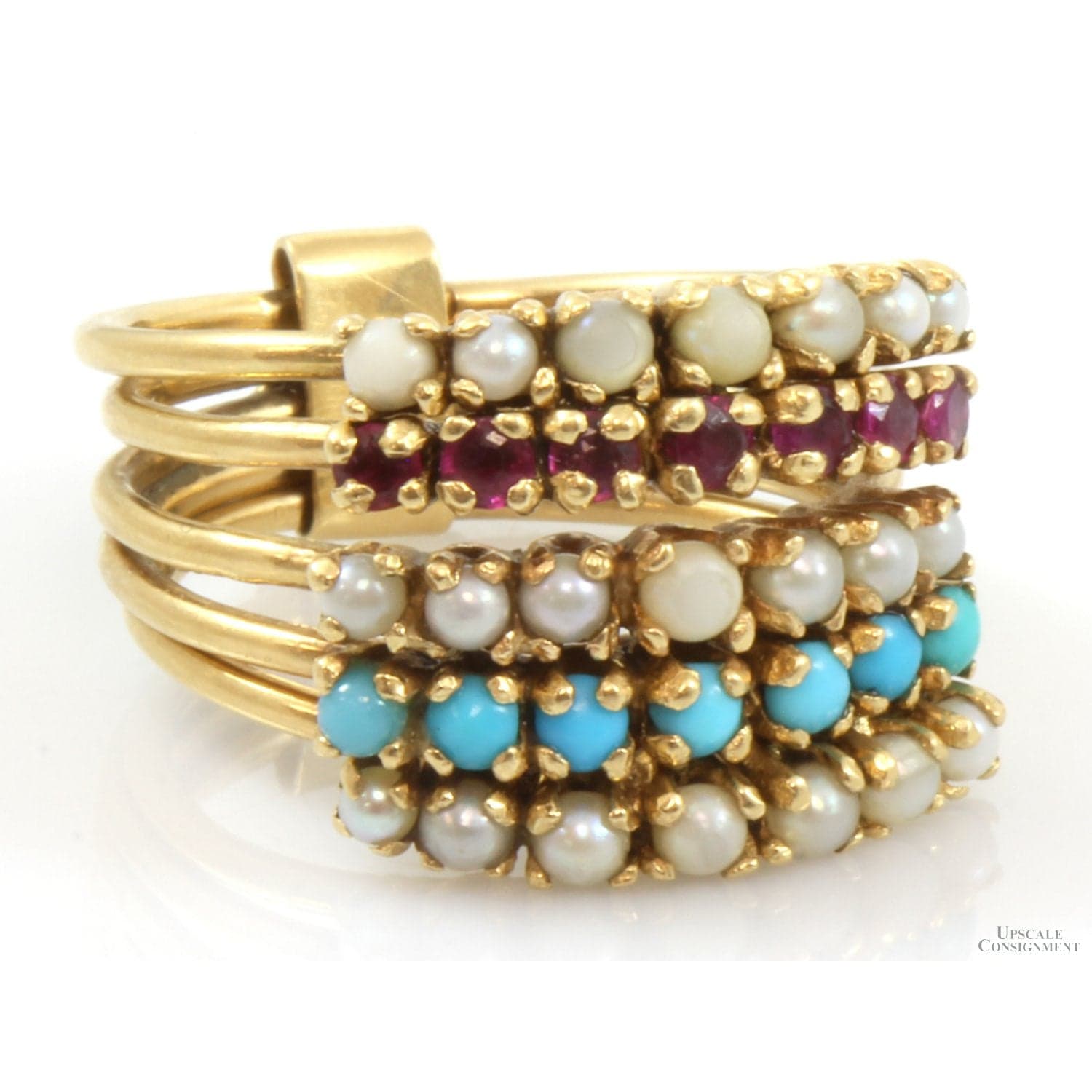 14K Gold Pearl, Ruby,Turquoise Five Band Princess Ring - 7 - 7.5 - Image 1