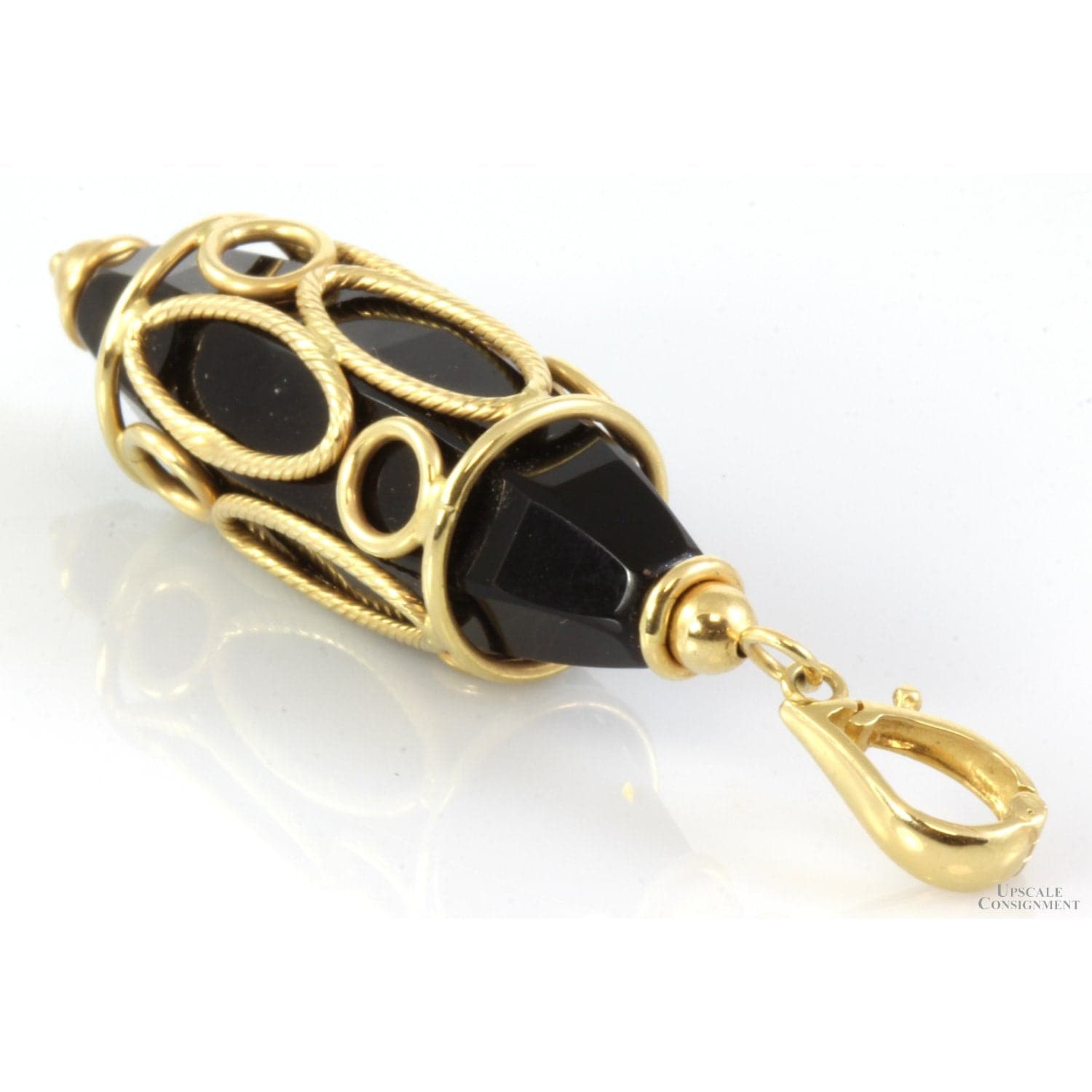 Italian Black Onyx 14K Gold Decorative Filigree Pendant - 2.5 " - Thumbnail 2