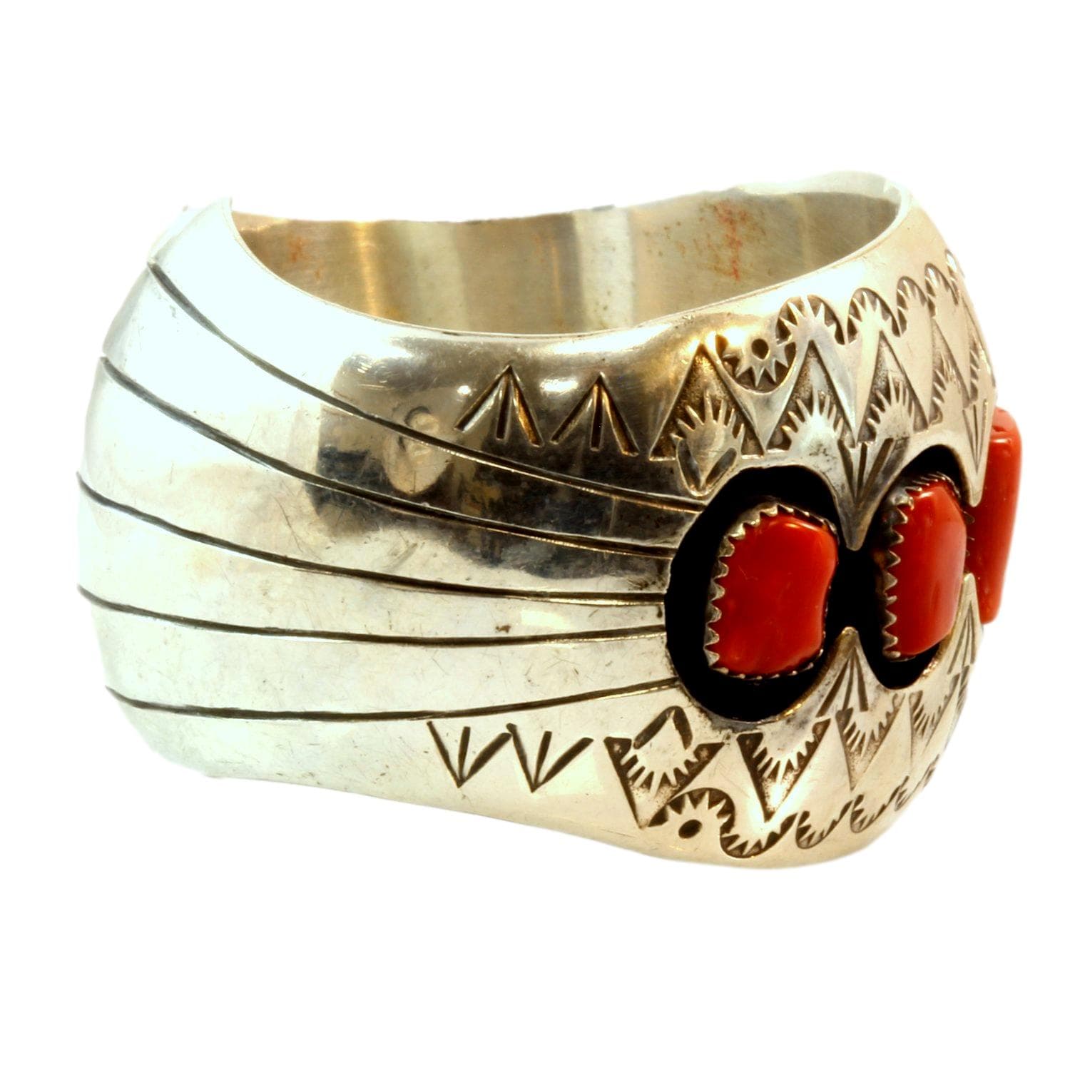 Vintage Navajo 5-Stone Red Coral Sterling Silver Shadow box Cuff by P. Benally - Default Title / Size 5.75 - Thumbnail 3