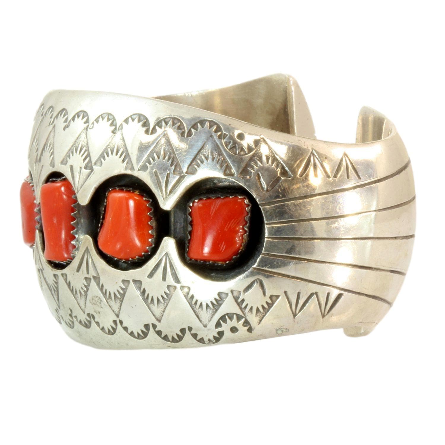 Vintage Navajo 5-Stone Red Coral Sterling Silver Shadow box Cuff by P. Benally - Default Title / Size 5.75 - Thumbnail 2