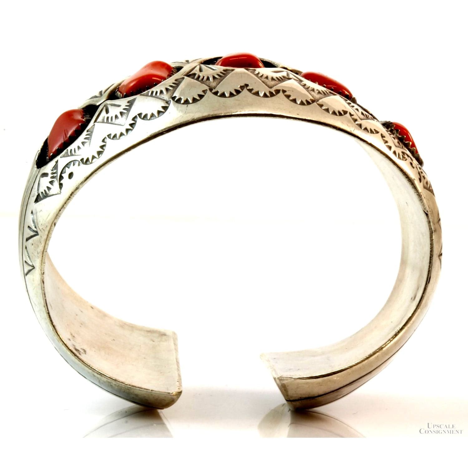 Vintage Navajo 5-Stone Red Coral Sterling Silver Shadow box Cuff by P. Benally - Default Title / Size 5.75 - Thumbnail 4