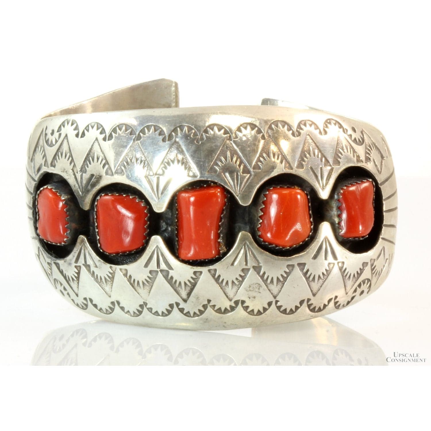Vintage Navajo 5-Stone Red Coral Sterling Silver Shadow box Cuff by P. Benally - Default Title / Size 5.75 - Image 1