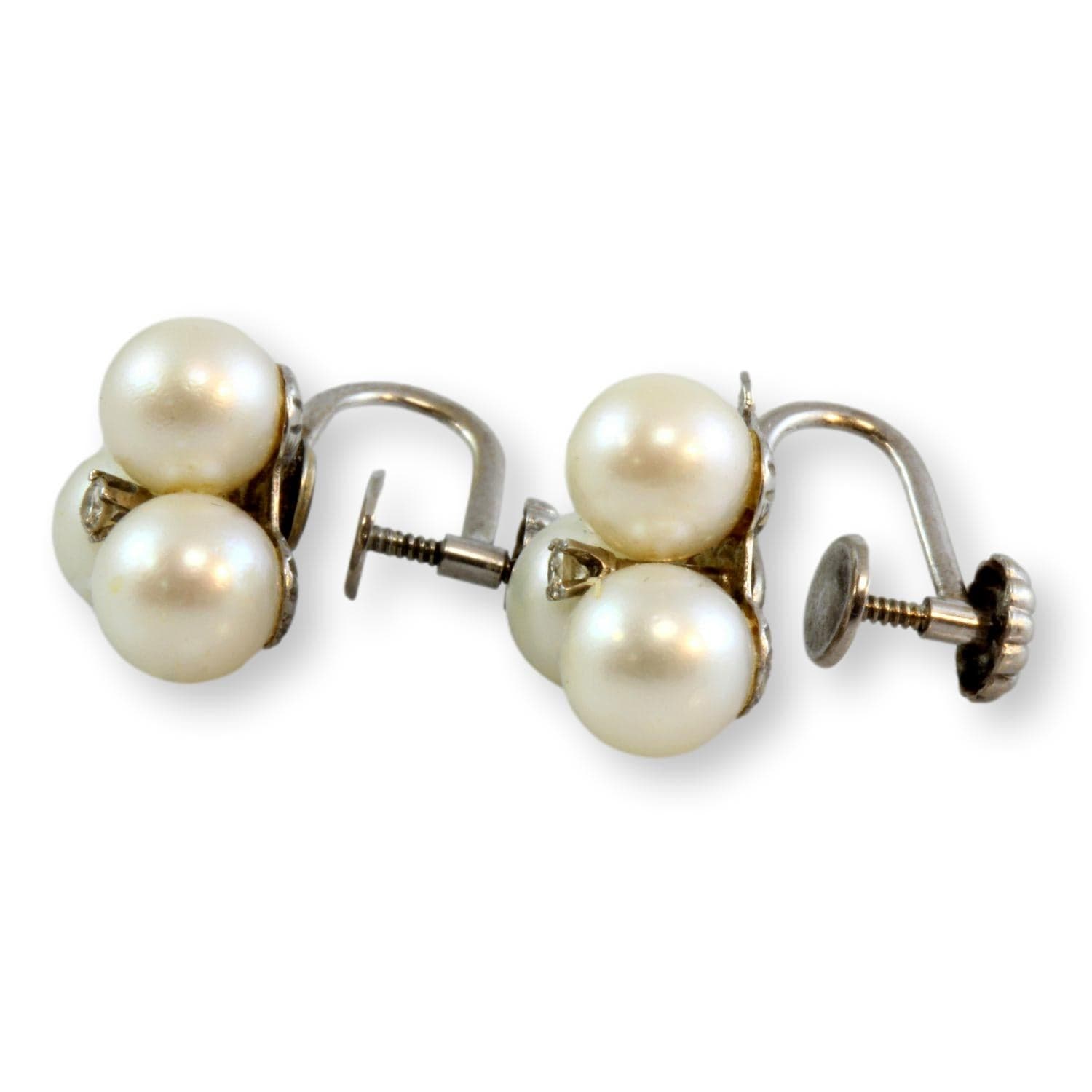 7mm White Pearl & .06ctw Diamond 14K Gold Screw Back Earrings - .72"(h) - Thumbnail 2