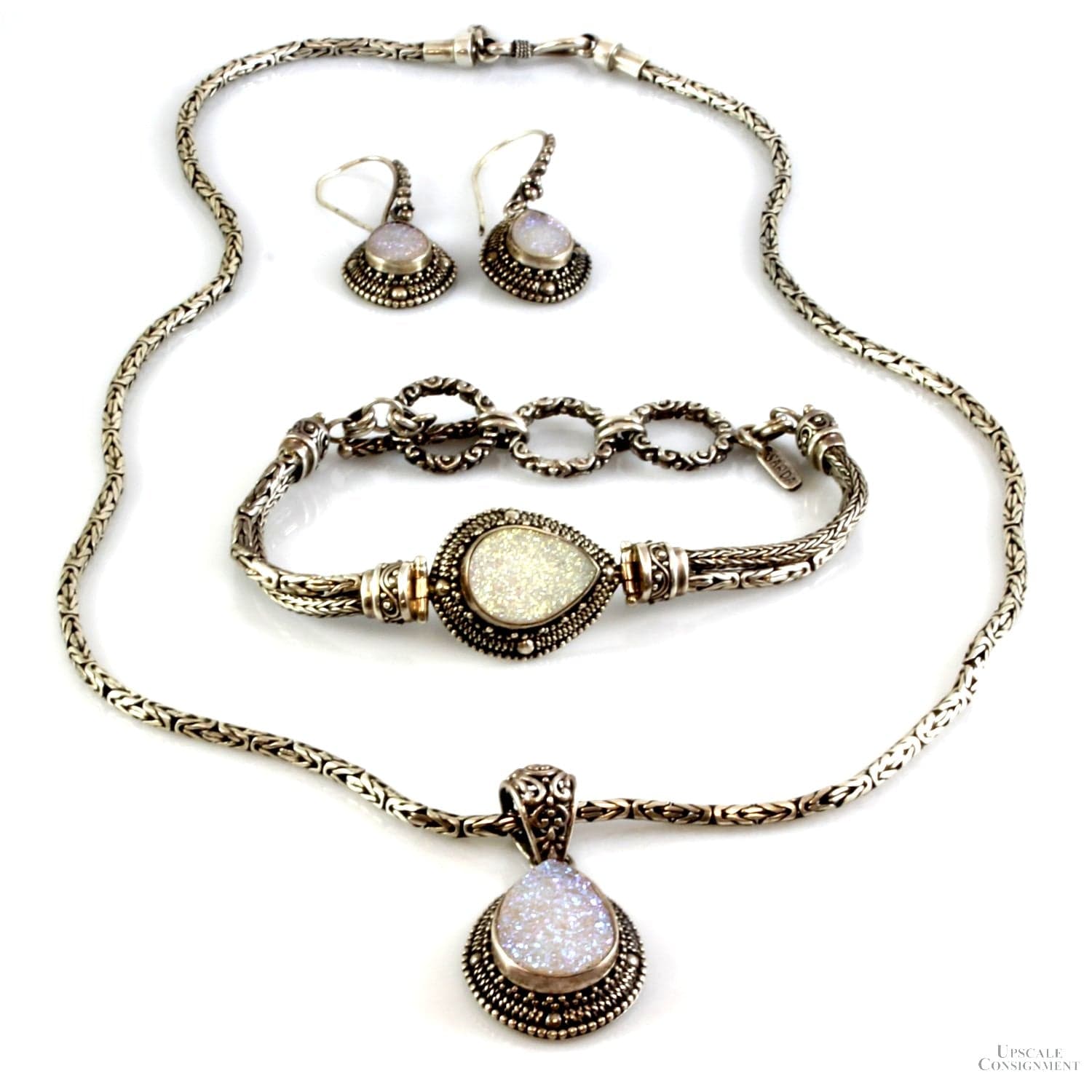 Sterling Silver Quartz Druzy Necklace, Bracelet, Earring Three-Piece-Set - 19 in - Image 1