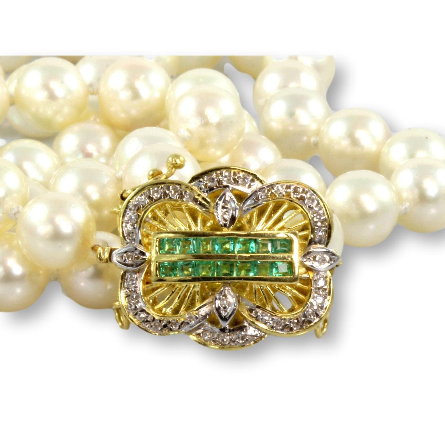 24" Cultured Pearl Strand - Emerald & Diamond 14K Gold Clasp - 24 in - Thumbnail 2