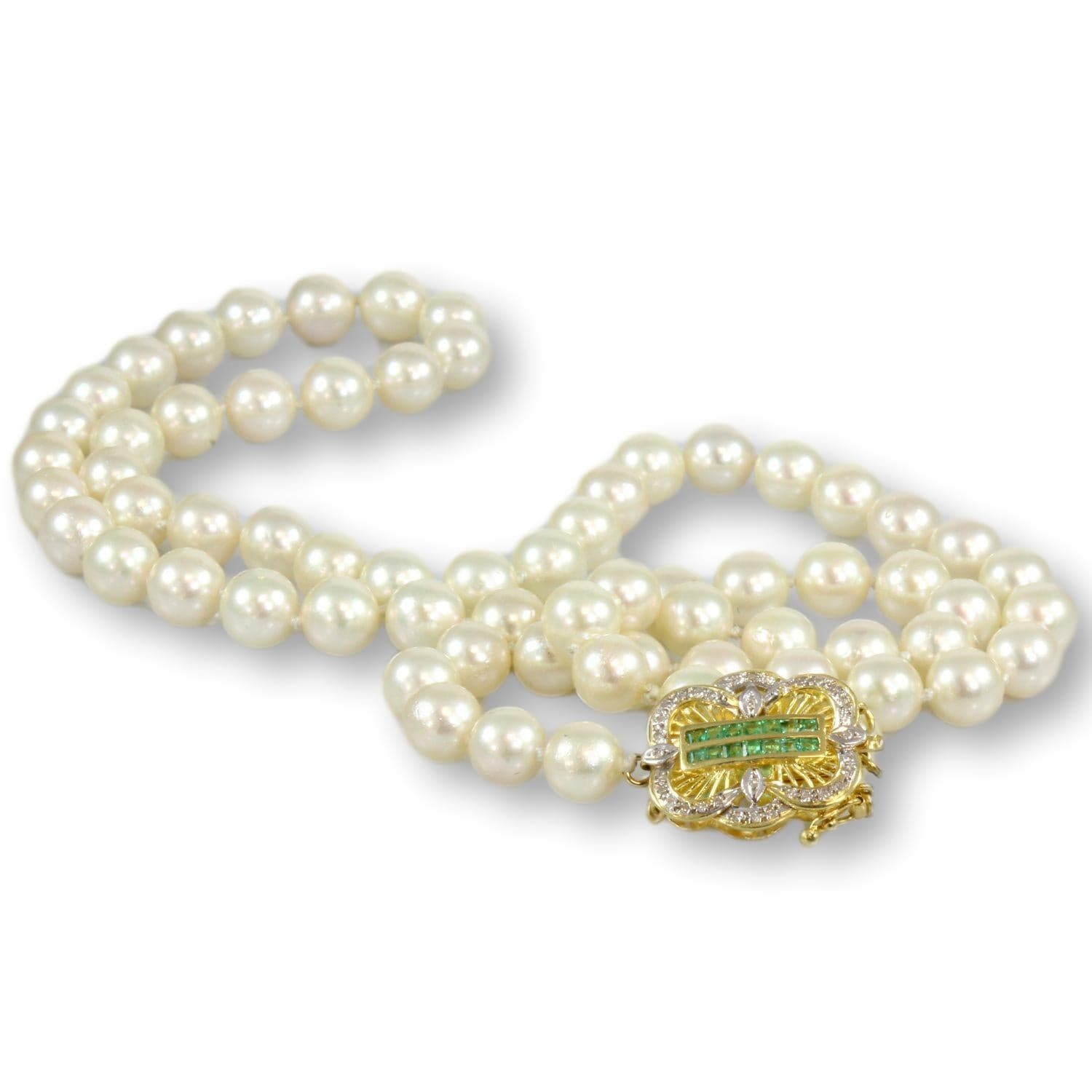 24" Cultured Pearl Strand - Emerald & Diamond 14K Gold Clasp - 24 in - Thumbnail 3