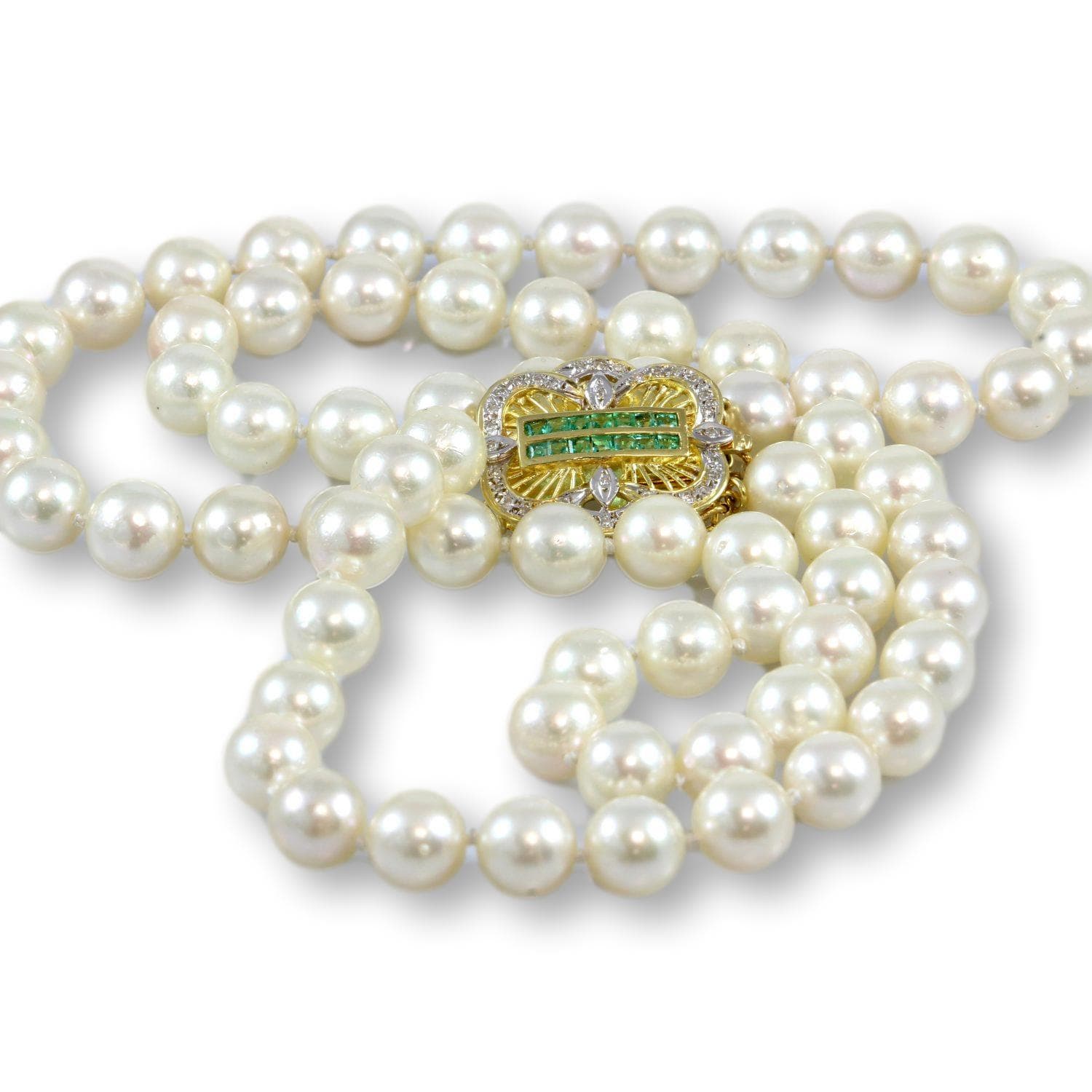 24" Cultured Pearl Strand - Emerald & Diamond 14K Gold Clasp - 24 in - Thumbnail 5