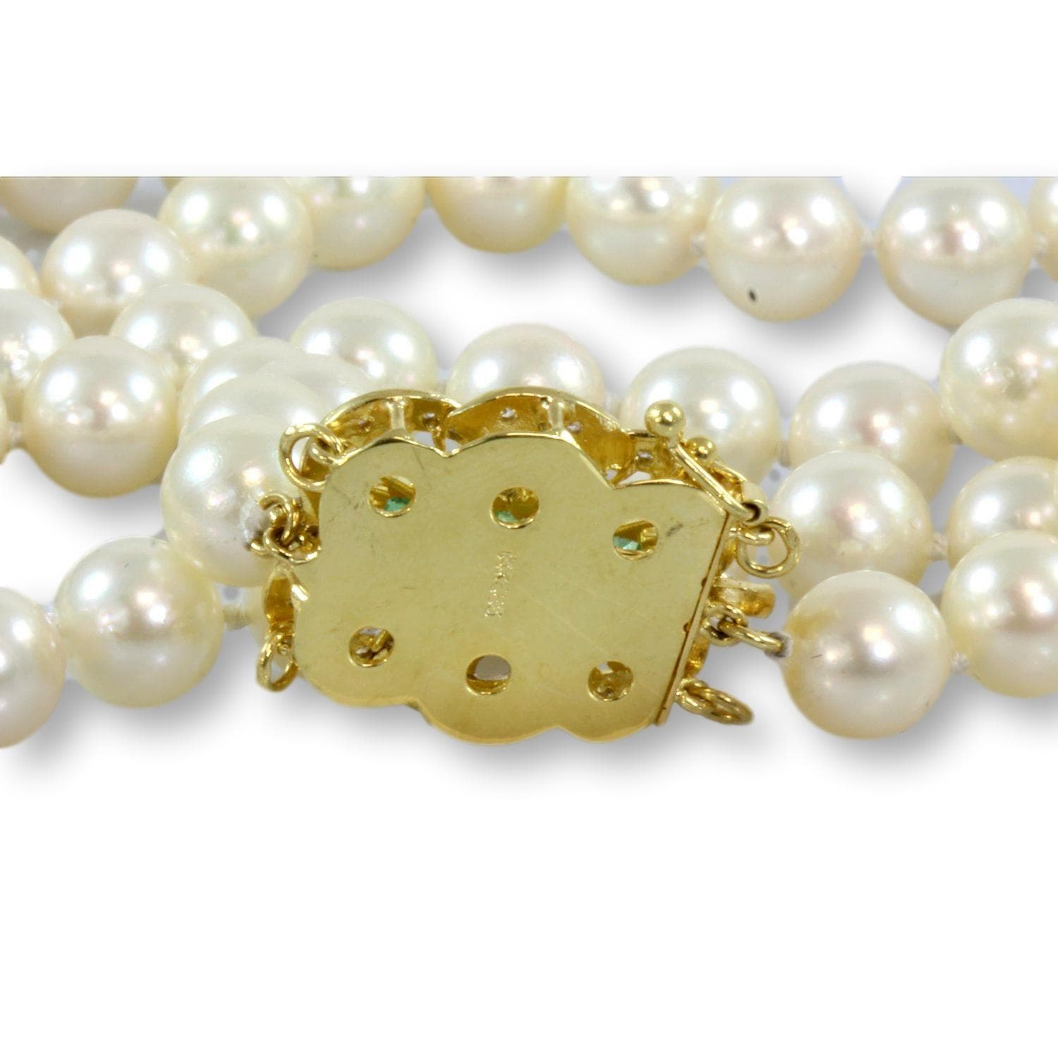 24" Cultured Pearl Strand - Emerald & Diamond 14K Gold Clasp - 24 in - Thumbnail 6