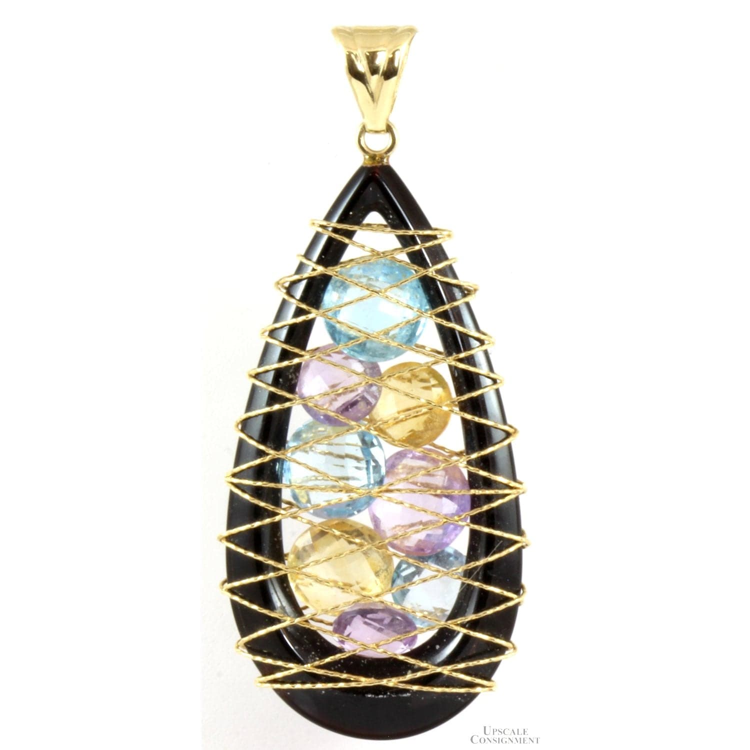 Blue Topaz, Amethyst, Citrine, Black Onyx 14K Gold Pendant - 2.5 " - Image 1