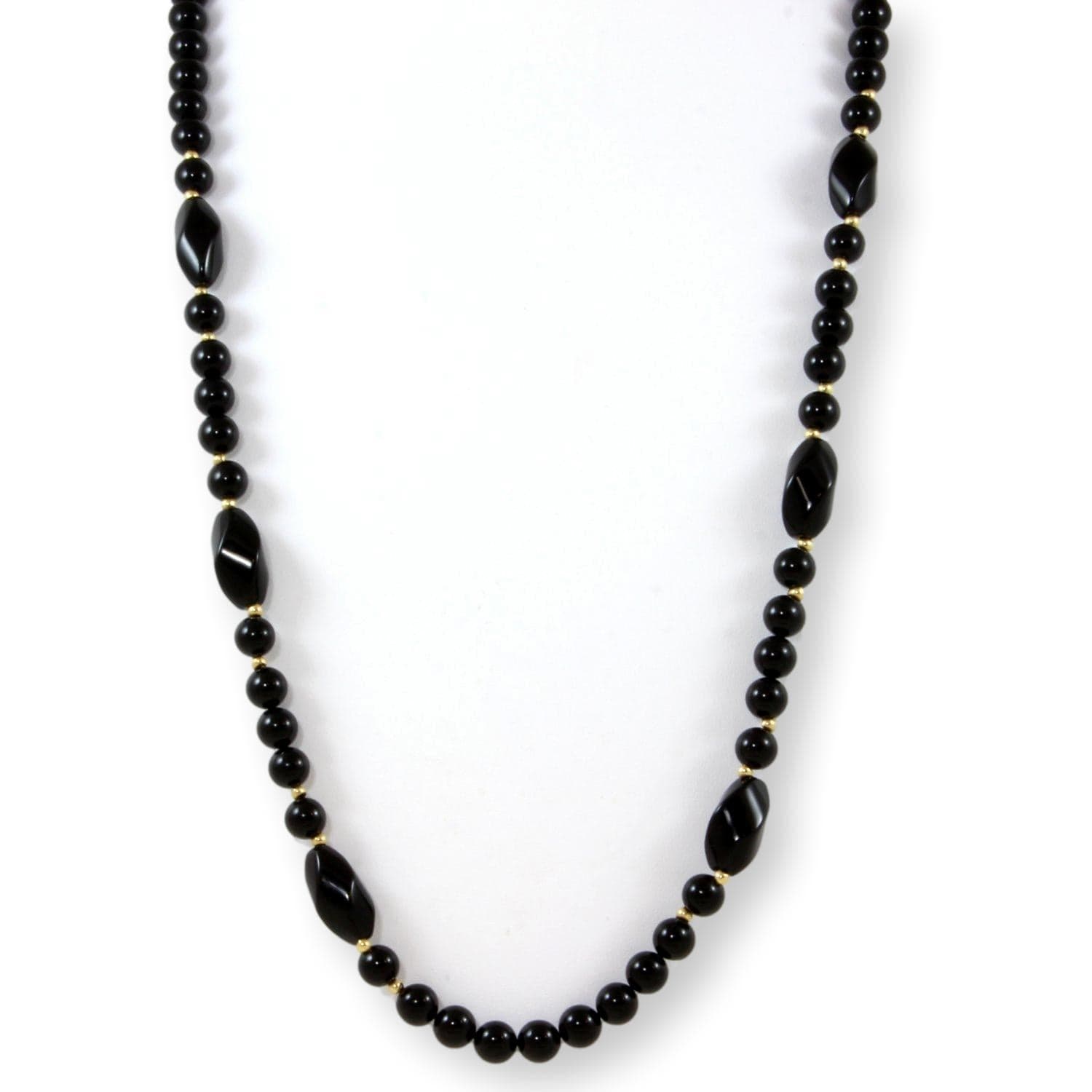 29" Black Onyx Chalcedony 14K Gold Bead Slip-on Necklace - 29"L - Image 1