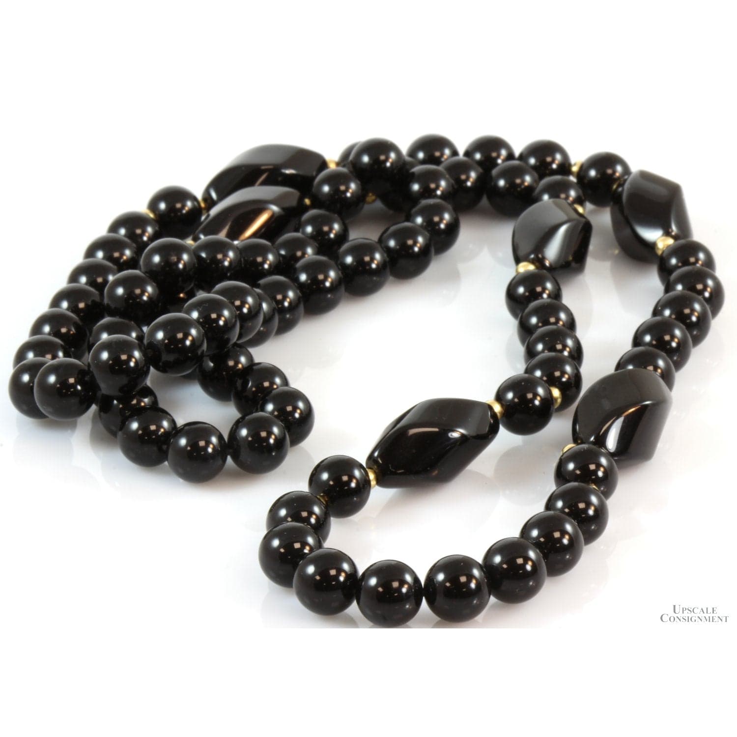 29" Black Onyx Chalcedony 14K Gold Bead Slip-on Necklace - 29"L - Thumbnail 2