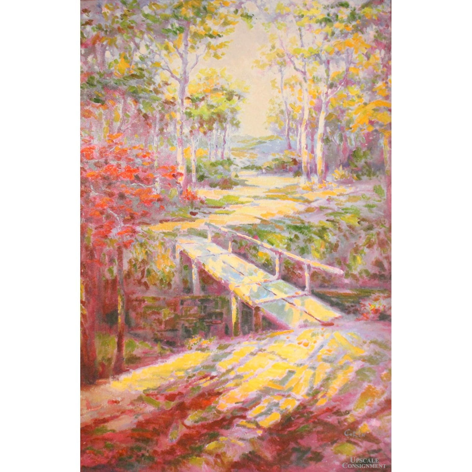 85'' x 58'' Framed Oil on Canvas "Autumn Bridge" - Thumbnail 2