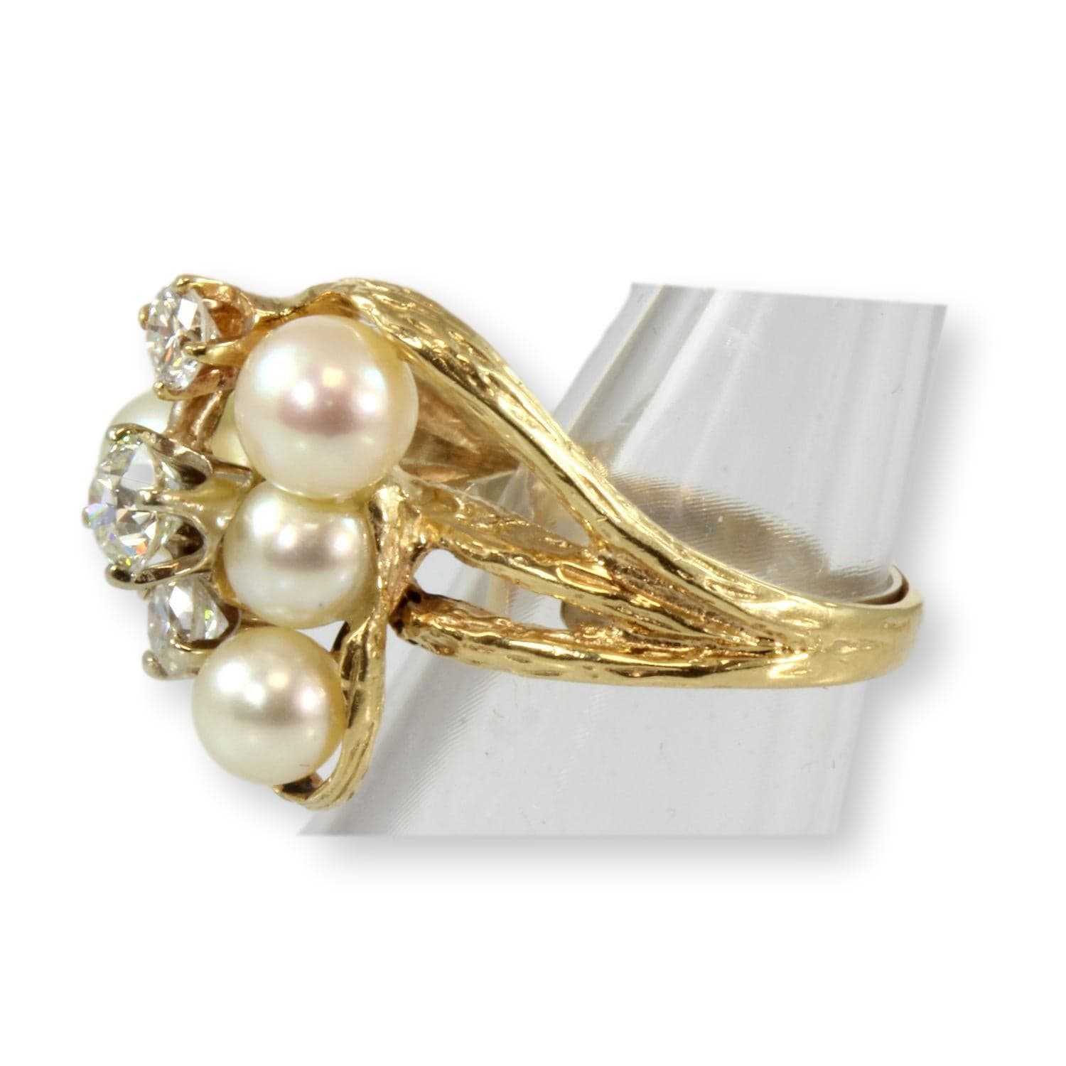 Cultured White Pearl & 1.00ctw Diamond 14K Yellow Gold Ring - Size 6.5 - Thumbnail 2
