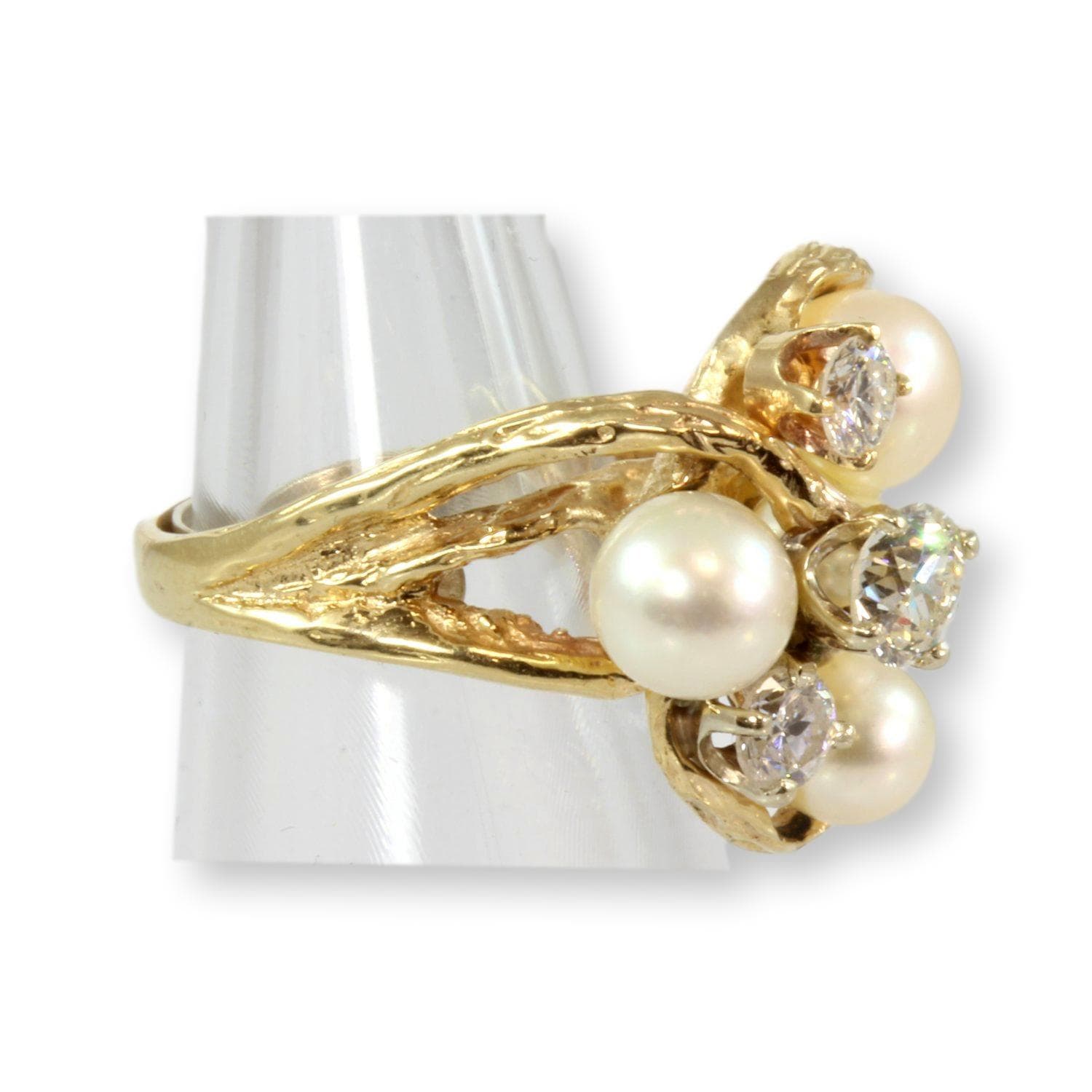 Cultured White Pearl & 1.00ctw Diamond 14K Yellow Gold Ring - Size 6.5 - Thumbnail 3