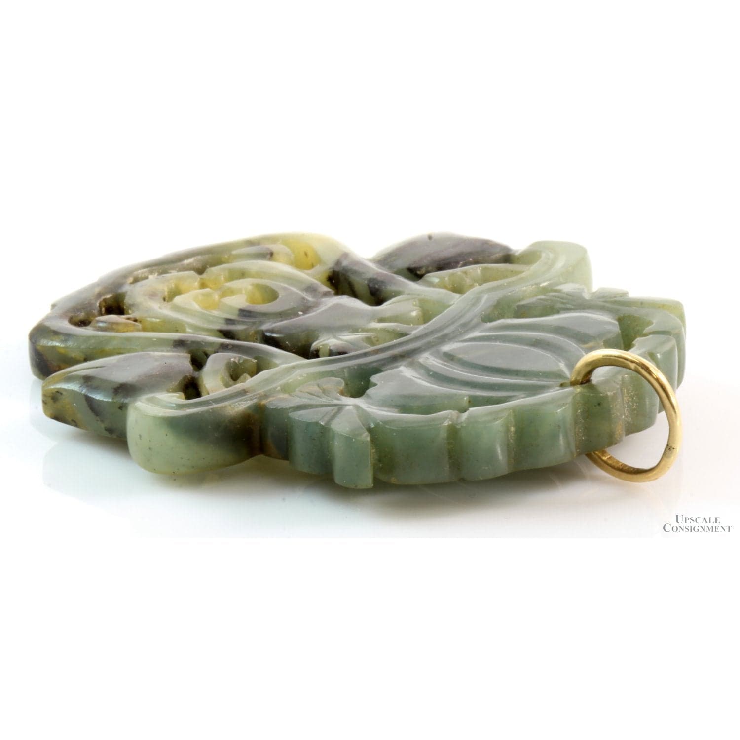 Carved Green Serpentine Pendant - 14K Yellow Gold Bail - Thumbnail 2