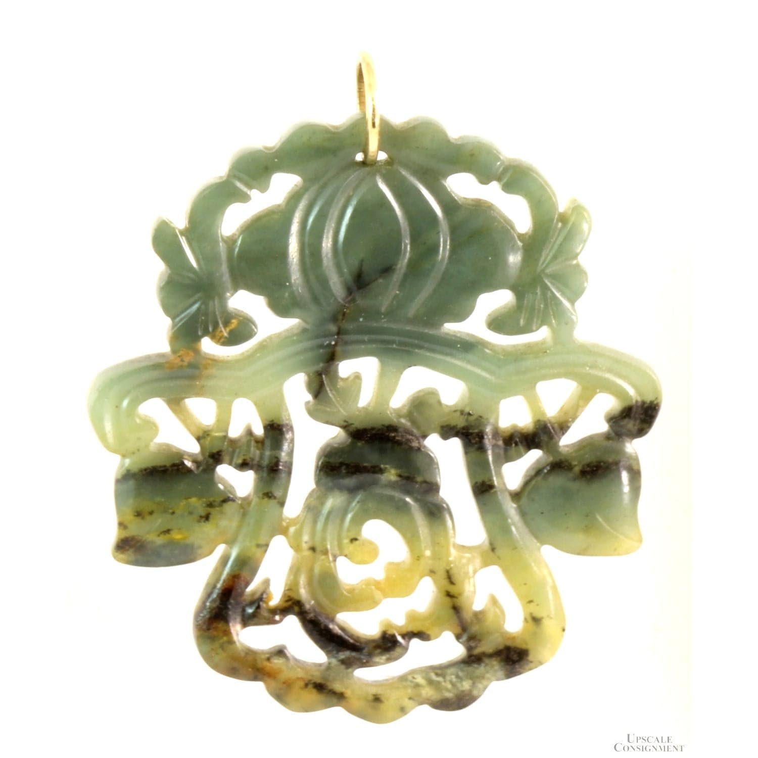 Carved Green Serpentine Pendant - 14K Yellow Gold Bail - Image 1