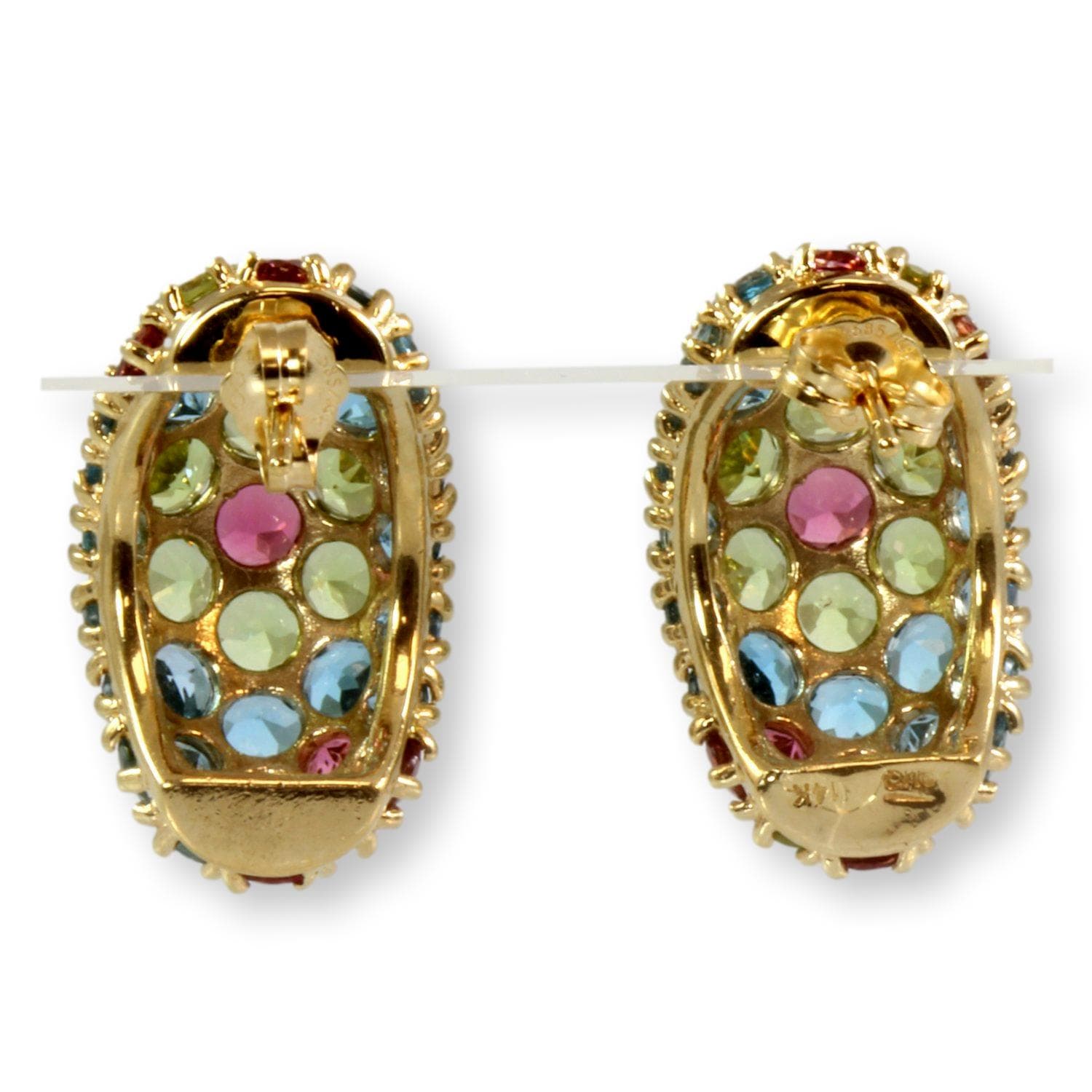 13.42ctw Multi-Gemstone Flower Motif 14K Yellow Gold Earrings - Thumbnail 4
