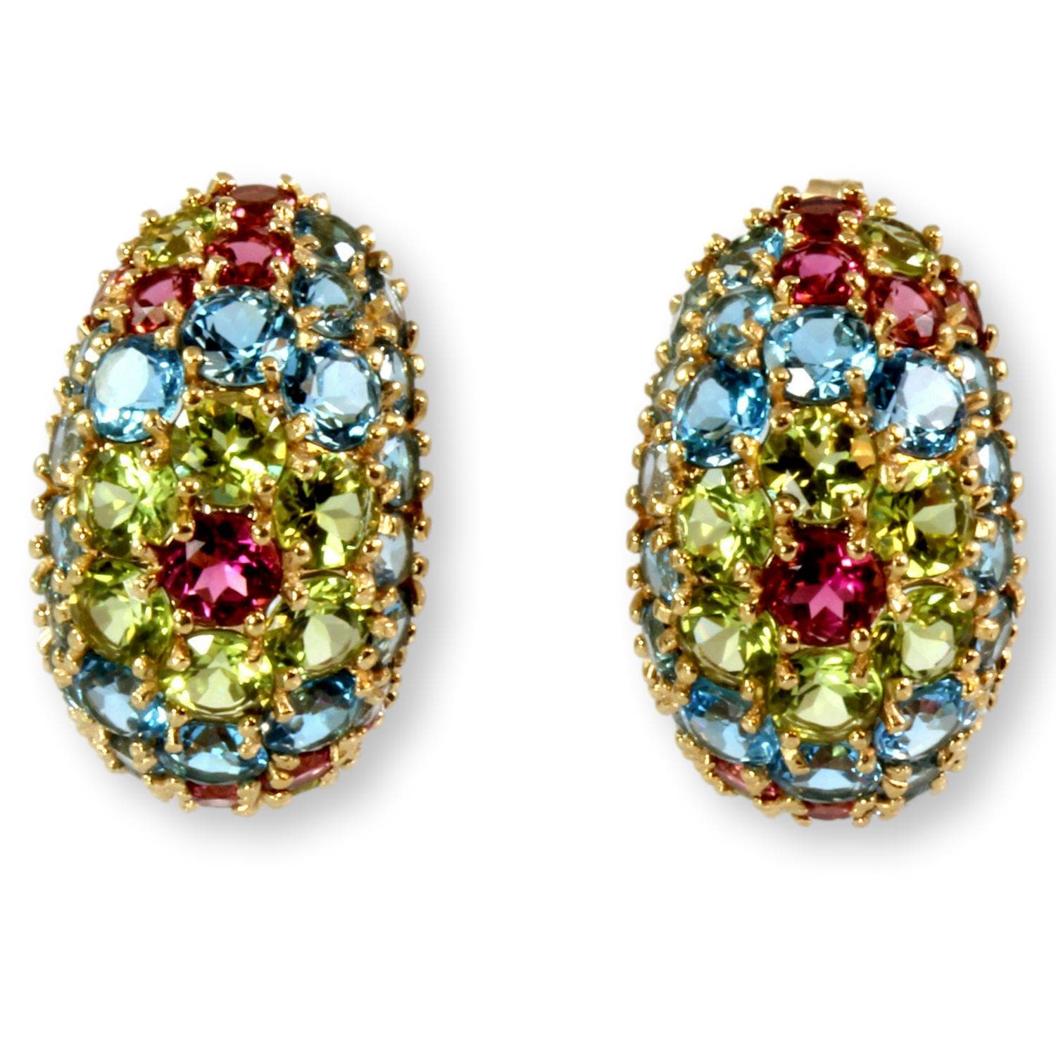 13.42ctw Multi-Gemstone Flower Motif 14K Yellow Gold Earrings - Thumbnail 2